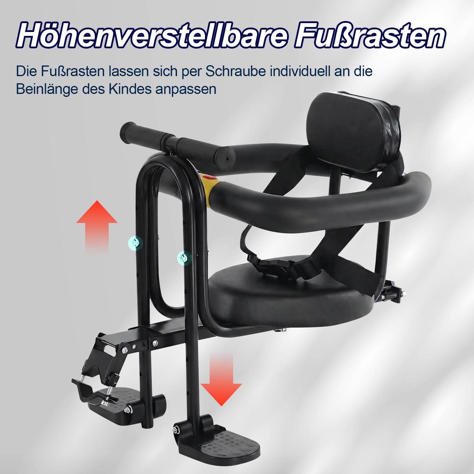 Fahrrad Kindersitz Vorne, Abnehmbarer Kindersattel mit Schutzbügel, Rückenlehne, Komfortpolster & höhenverstellbaren Fußstützen, für MTB, Rennrad, für 1–4 Jahre (bis 40 kg)