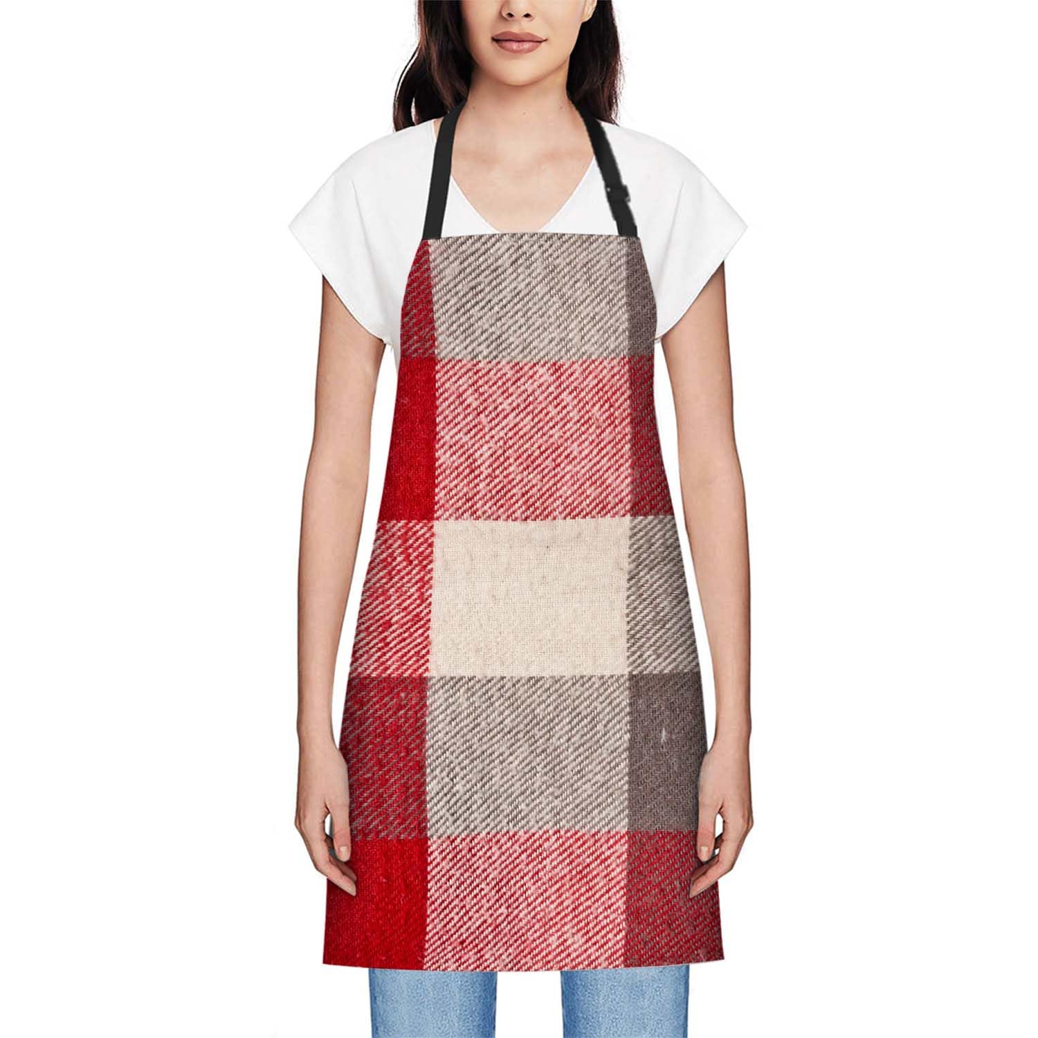 Smooffly Red and grey tartan Apron Adjustable Bib Chef Aprons Cooking Apron Unisex Women Men Aprons Perfect for Home Kitchen Baking - Image 2