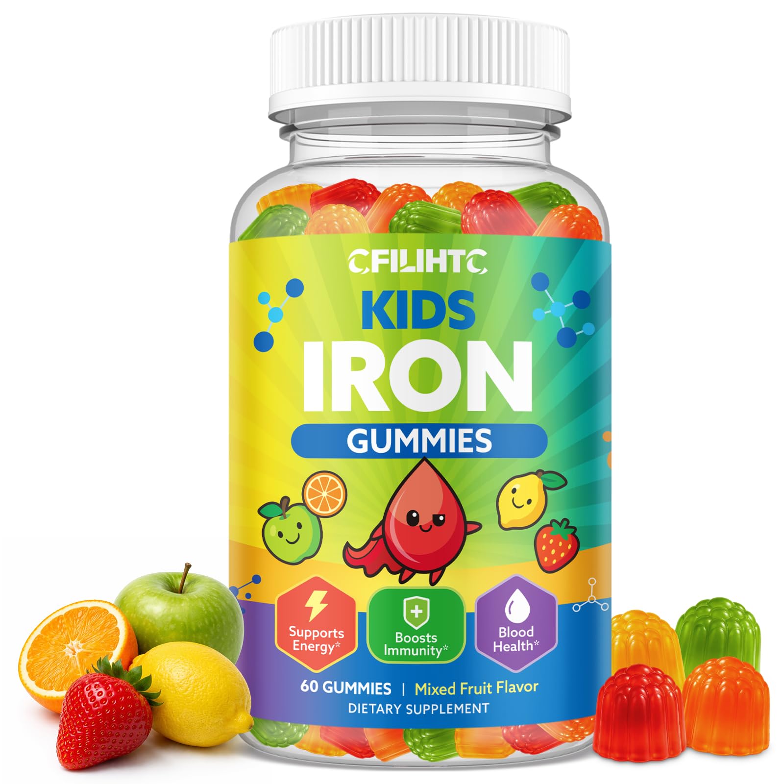 Iron Gummies for Kids & Teens, Kids Multivitamin with Iron Supplement, Calcium, Folate, Zinc, Prebiotic - for Blood Builder & Energy Support, Iron Deficiency - Vegan & Non-GMO - Mixed Fruits Flavor Mixed Fruit 60 Count (Pack of 1)