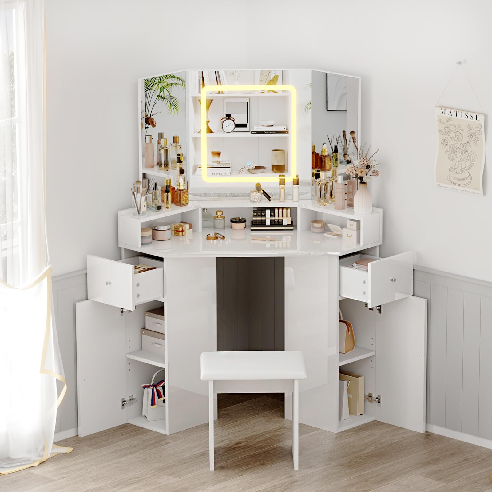 BSTSEL Corner Dressing Table with Mirror and Stool 3 Adjustable LED Lights Vanity Desk 3 Compartments, 2 Drawers Cabinets, Large Storage Makeup Desk for Bedroom (High-gloss Finish with Smart Mirror)