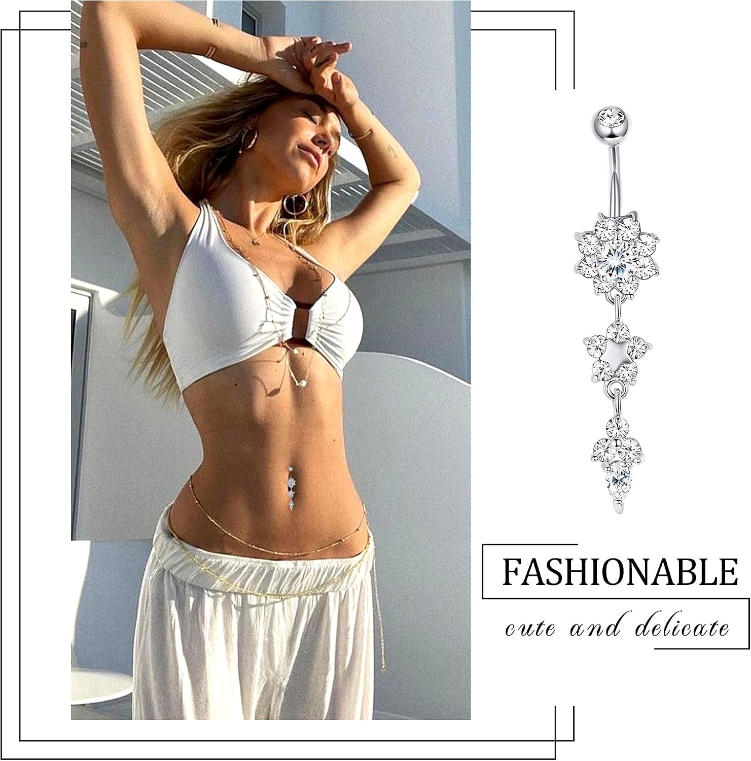 Jstyle 4 Pcs Stainless Steel Dangle Belly Button Rings Navel for Women Curved Barbell Piercing 14G CZ Piercing Set