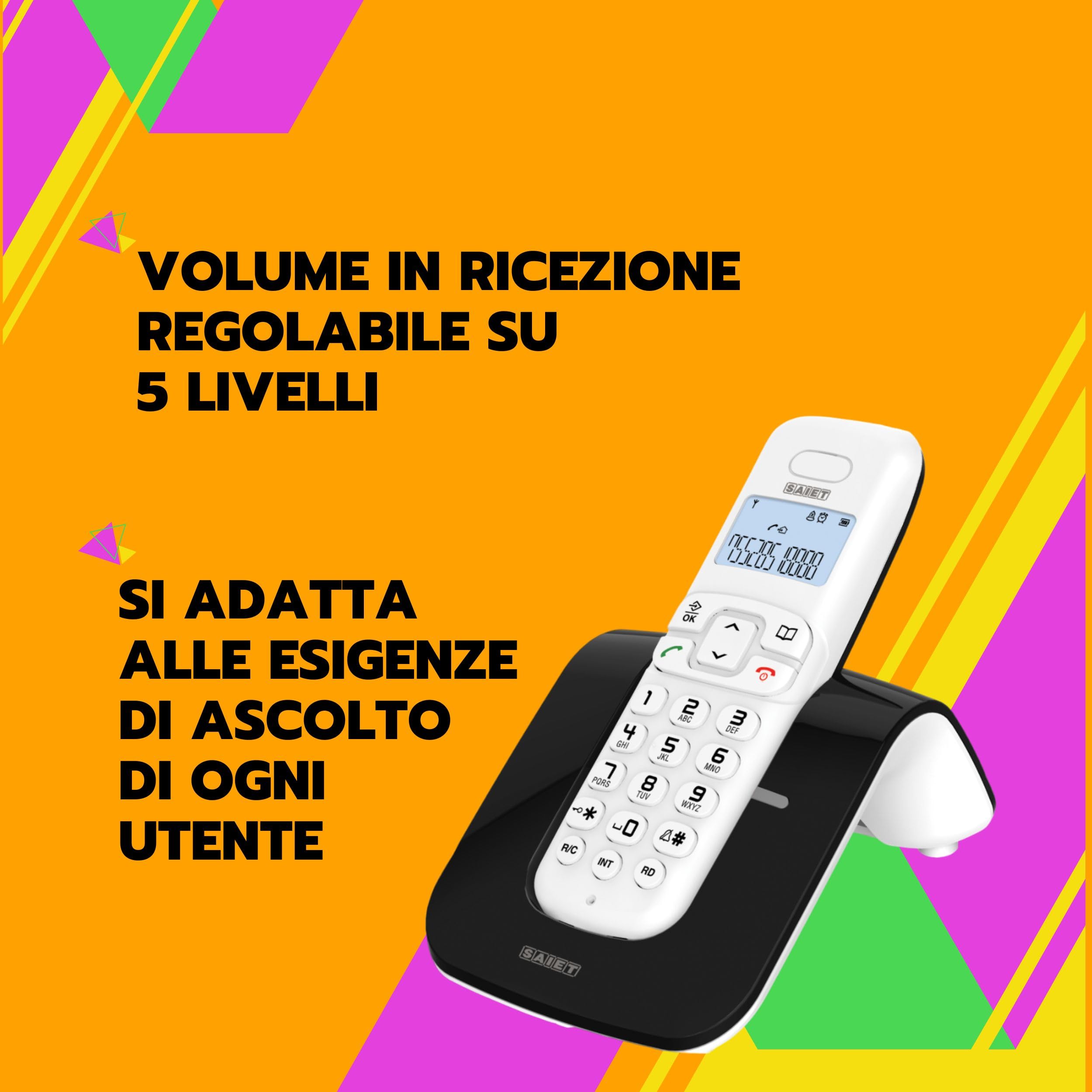 SAIET - Telefono Cordless Casa e Ufficio 13500783 - con Vivavoce DECT GAP LCD - con Tasti Grandi e Schermo Intuitivo - Nero