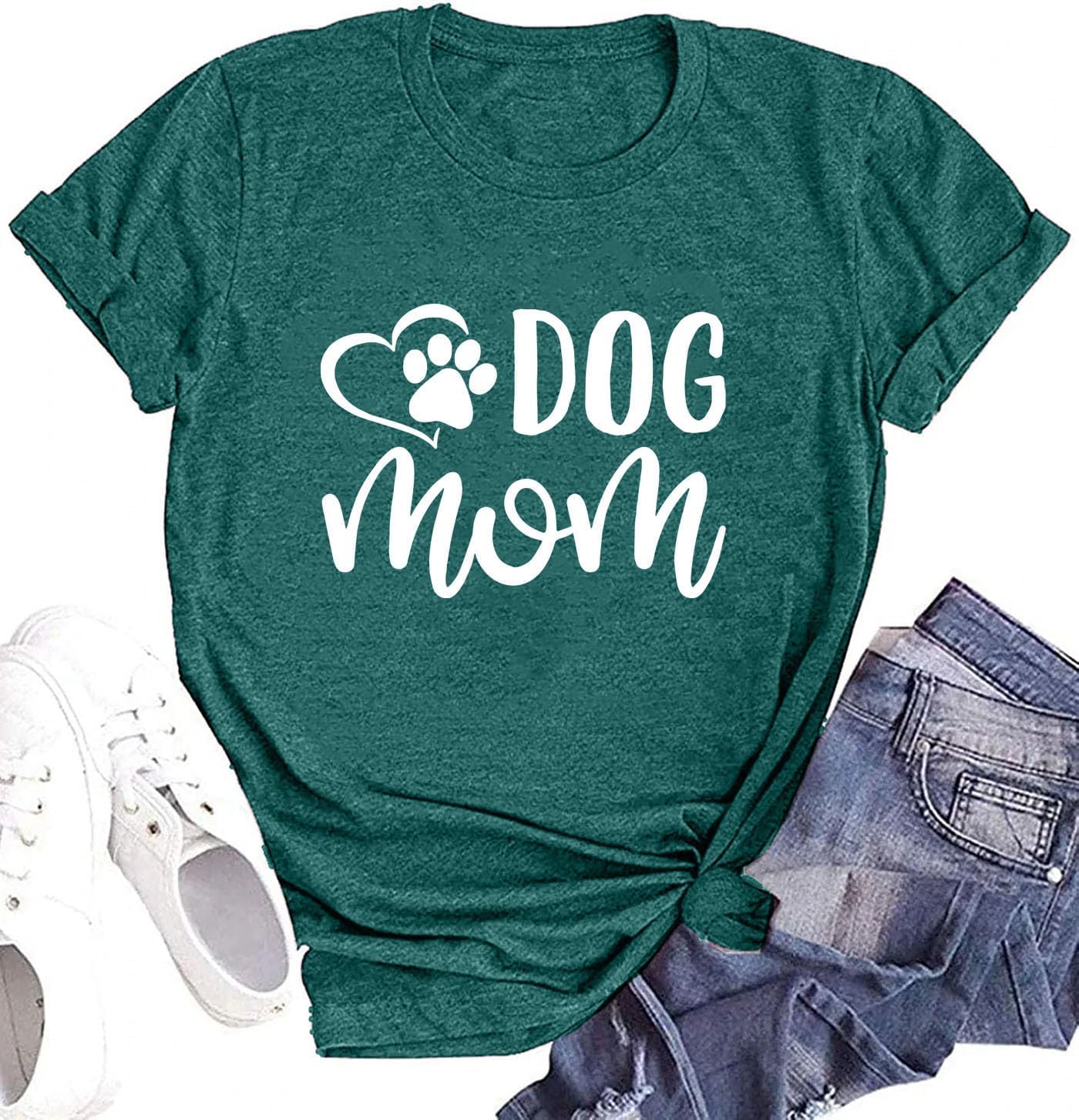 Dog Mom Shirts for Women Cat Dog Paw Graphic O Neck Short Sleeve Gifts Girls Heart Tee Tops