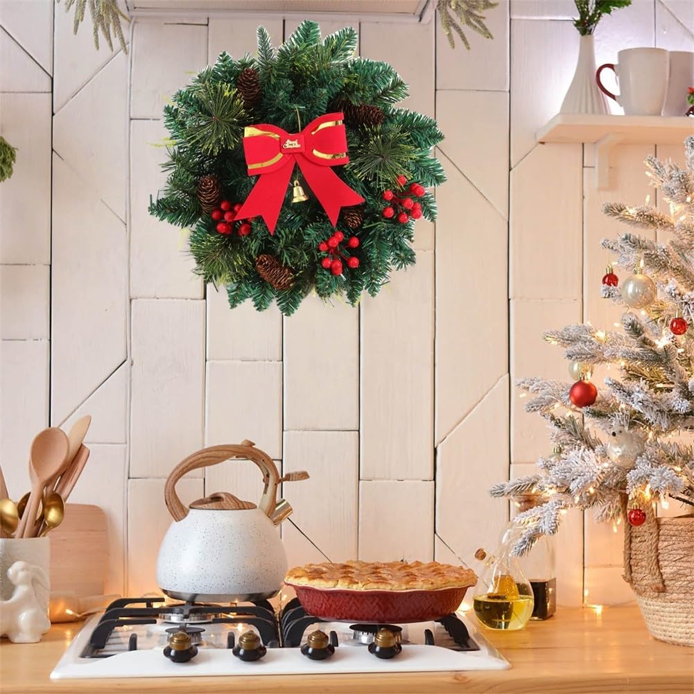 1 couronne de Noël artificielle, 30 cm ronde verte, couronne de Noël d'extérieur avec pommes de pin et baies rouges décoratives