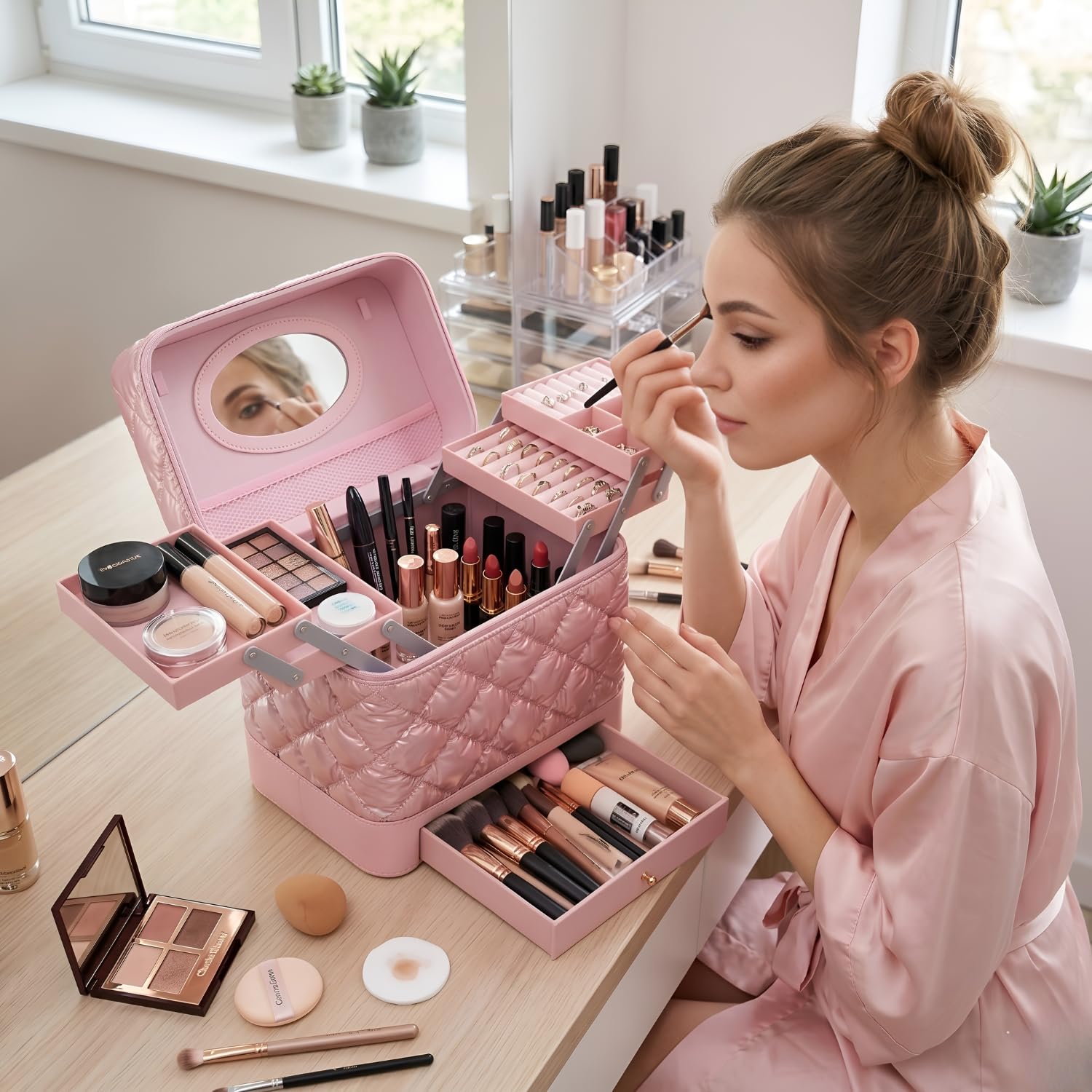 SHAMAX Big Makeup Organizer Box with Mirror, 4 Trays & Drawer Cosmetic Vanity Case Portable Cosmetic Organizer Spacious Vanity, Travel and Storage (Pink) 4