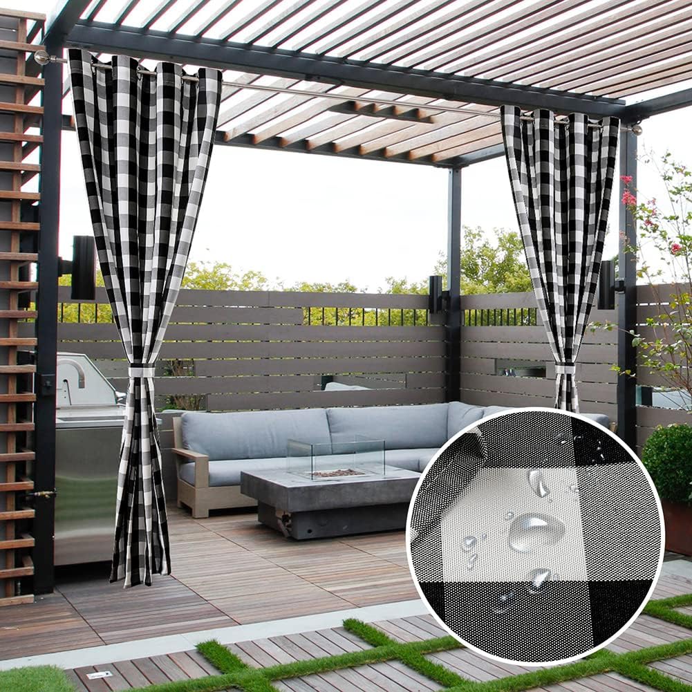 vctops Buffalo Check Outdoor/Indoor Curtains Water-Resistant Grommet Top Curtains Black and White Plaid Room Darkening Curtain Panel (Black,52"x84")