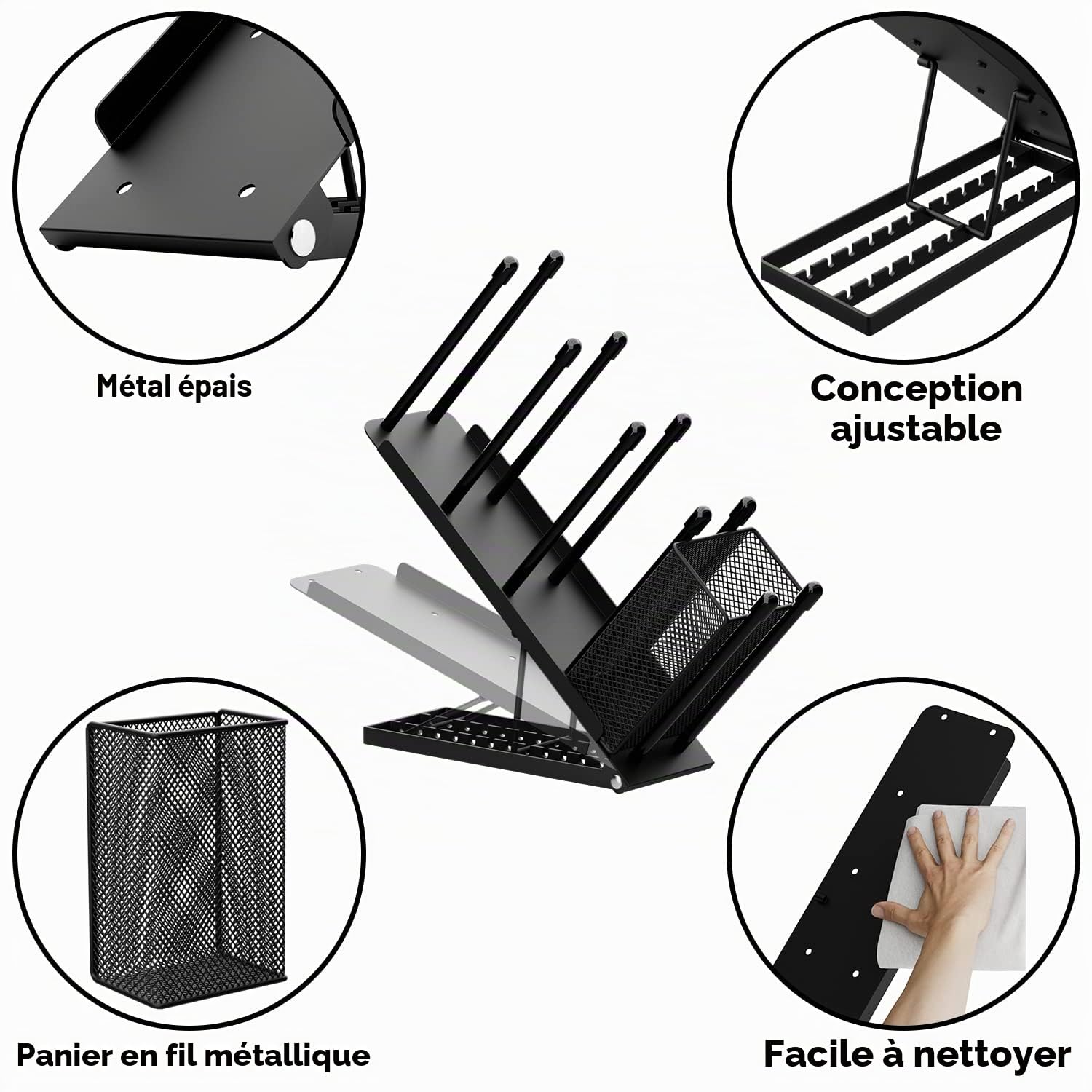 Ovicar Porte-gobelet et couvercle – Porte-gobelet réglable à 4 compartiments jetables avec panier en maille pour rangement de dosettes de café en métal (noir)