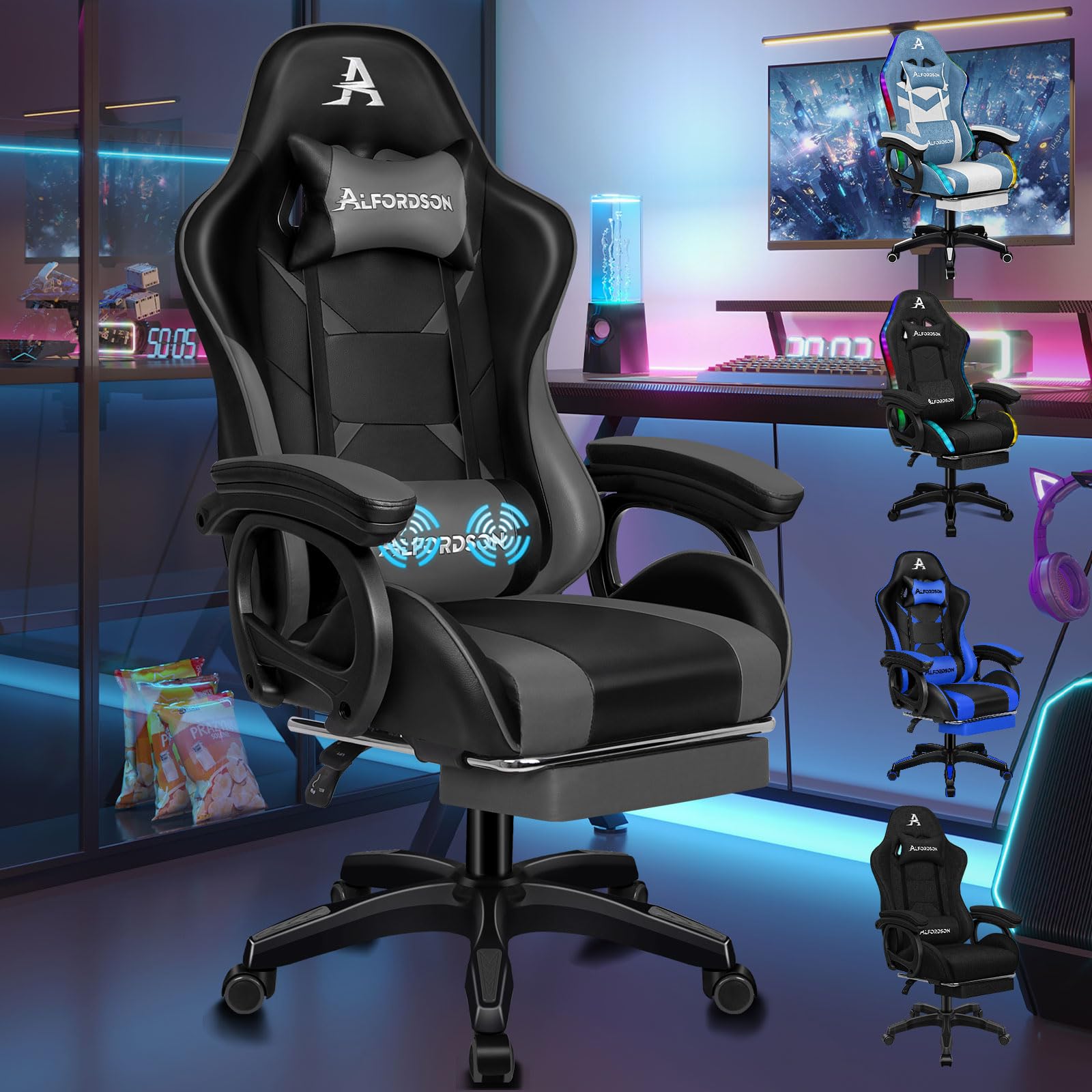 ALFORDSON Sedia da Gaming, Sedia da Corsa con Massaggio a 2 Punti per Gioco, Sedia da Computer ergonomica con Cuscino Lombare, Altezza Regolabile, Pelle PU, Grigio