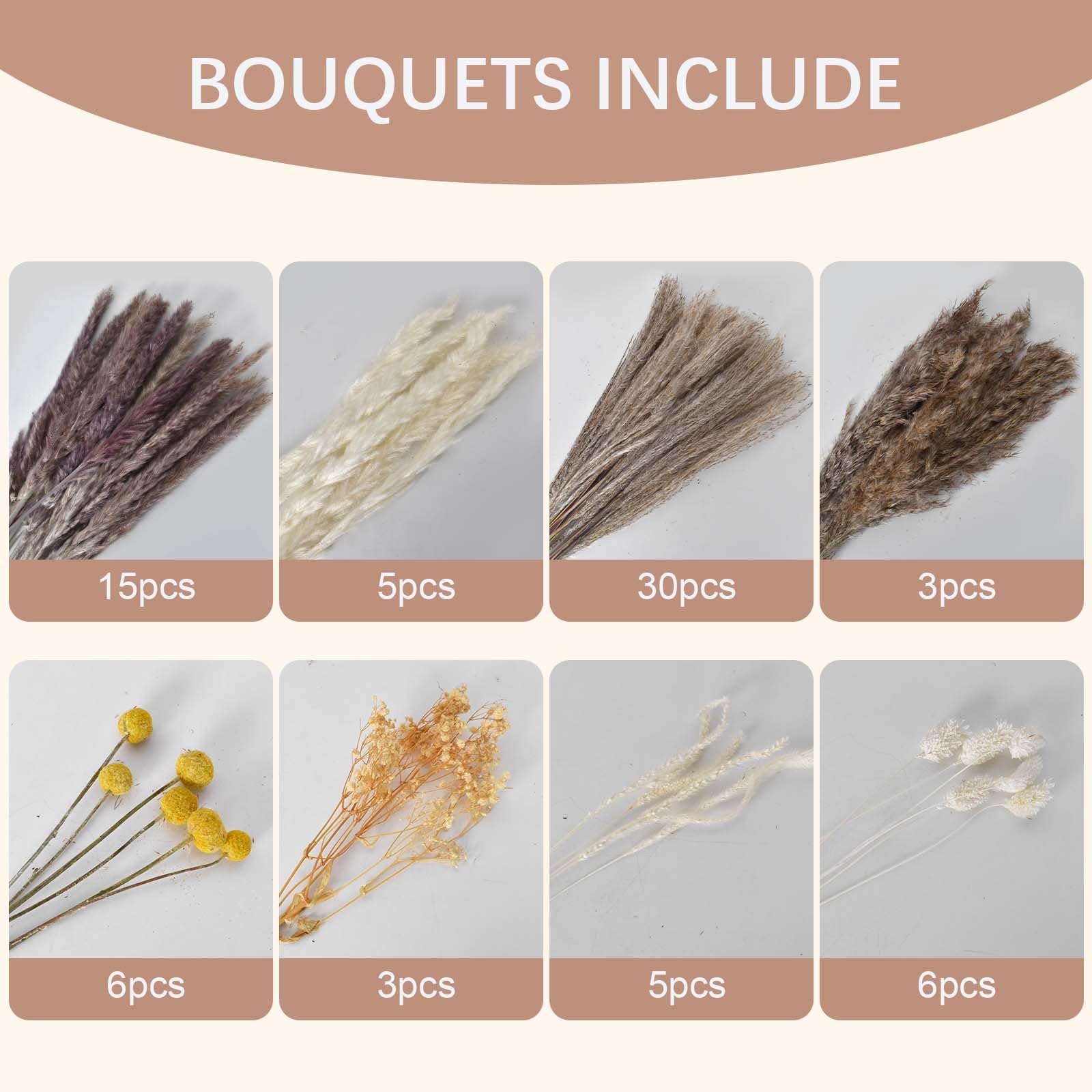 Decorazione Pampasgras - 73 Pezzi Fiori Secchi DIY, Fiori Secchi Naturali - Decorazione da Tavola Boho con Erba di Pampa Secca, Gipsofila - Ideale per Decorazione da Tavola, Vasi e Davanzali