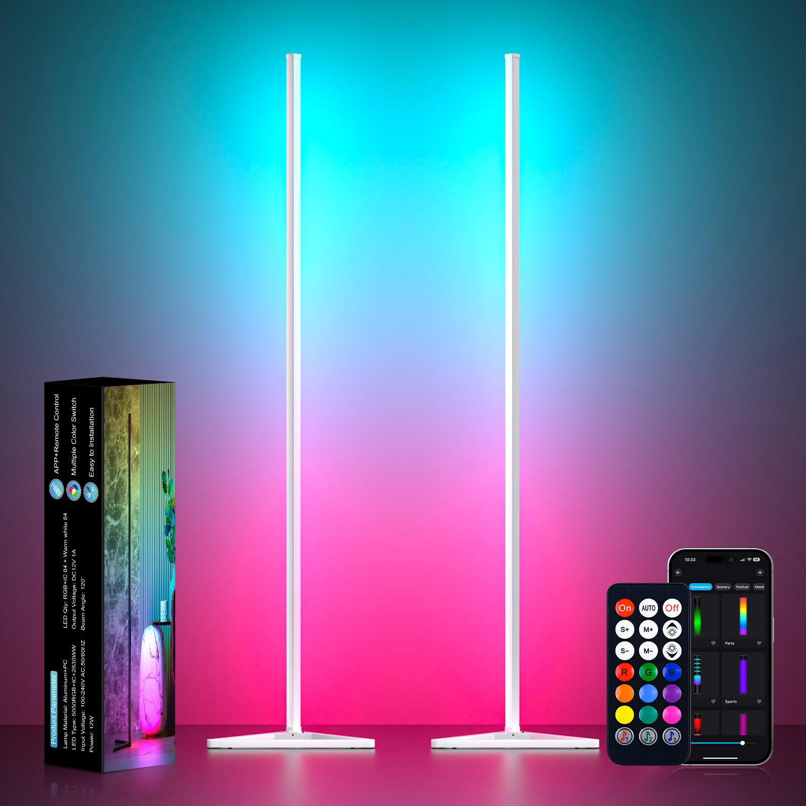 Lámpara de pie de esquina blanca, lámpara de esquina LED RGB inteligente con aplicación y control remoto, 16 millones de colores y más de 68 escenas, sincronización de música, ajuste de
