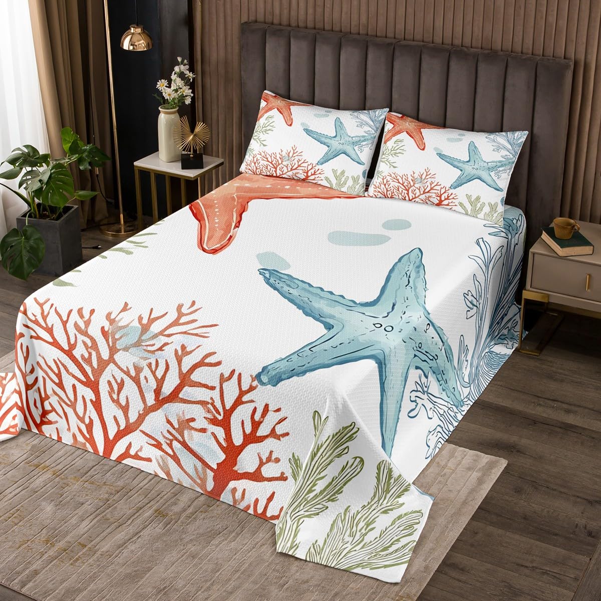 Homewish Couvre-Lit 240x220 Coral D'Étoiles de Mer, Dessus de Lit Thème de L'Océan, Couverture de Lit Peinture À l'huile Vie Marine, Jetés de Lit Monde sous-Marin avec 2 Taies d'oreiller 51x75cm