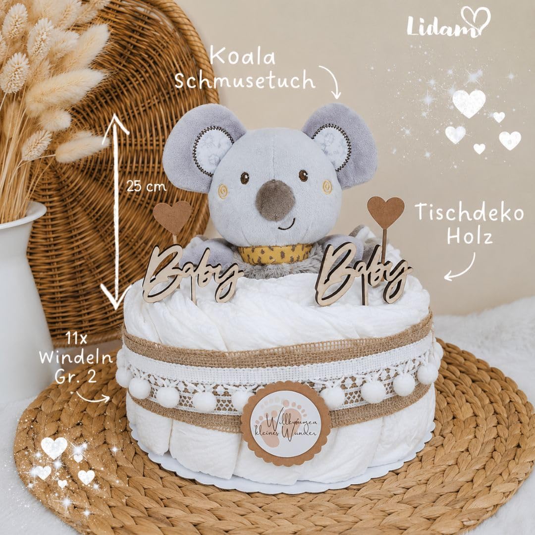 Torta per pannolini Piccola con peluche boho, stile vintage, prodotta in Germania, alta qualità e bellissimi accessori, regalo per la nascita