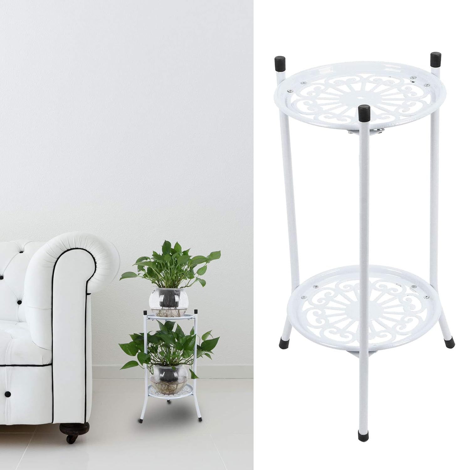 Metal Plant Stand Flower Display Shelf with Tripod Support Frame for Home and Office Decor - WearResistant Material, 2-Tier Pot Holder (Black) (White)