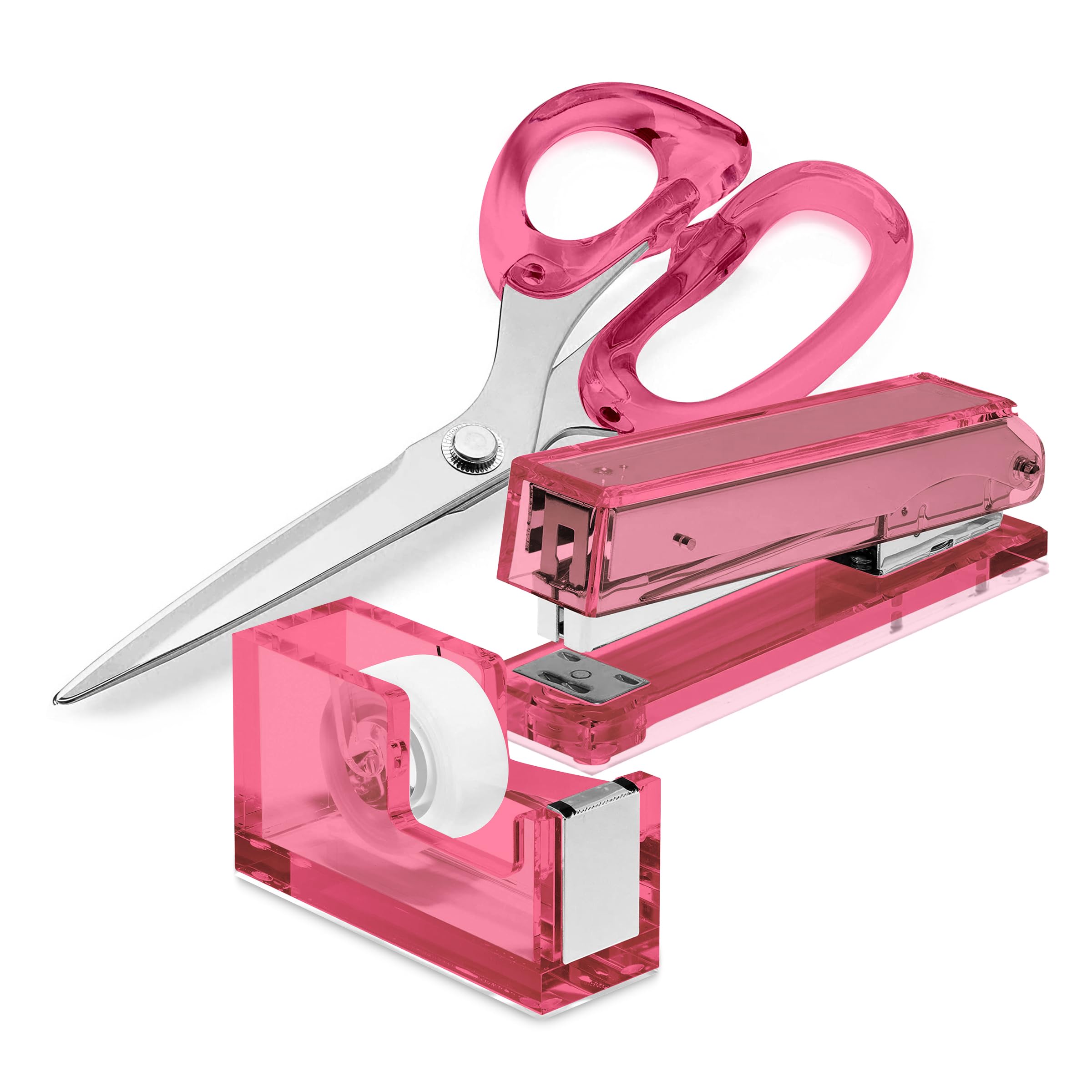 Office Goods - Pink Office Supplies Set - Acrylic Tape Dispenser, Acrylic Stapler, and 9” Stainless Steel Acrylic Scissors, for Office Desk, School, or Crafts