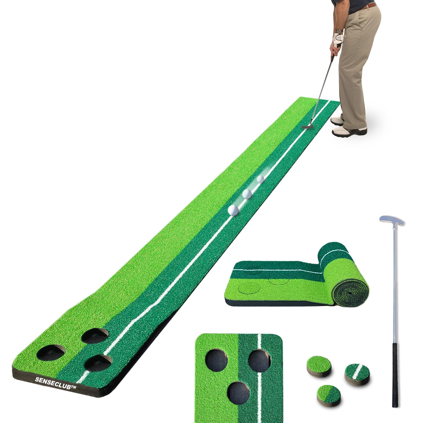 SENSECLUB Indoor Putting Green, Foldable Putting Mat Golf Pong Game Set, Golf Gifts for Men with 3 Holes -8x1 Feet