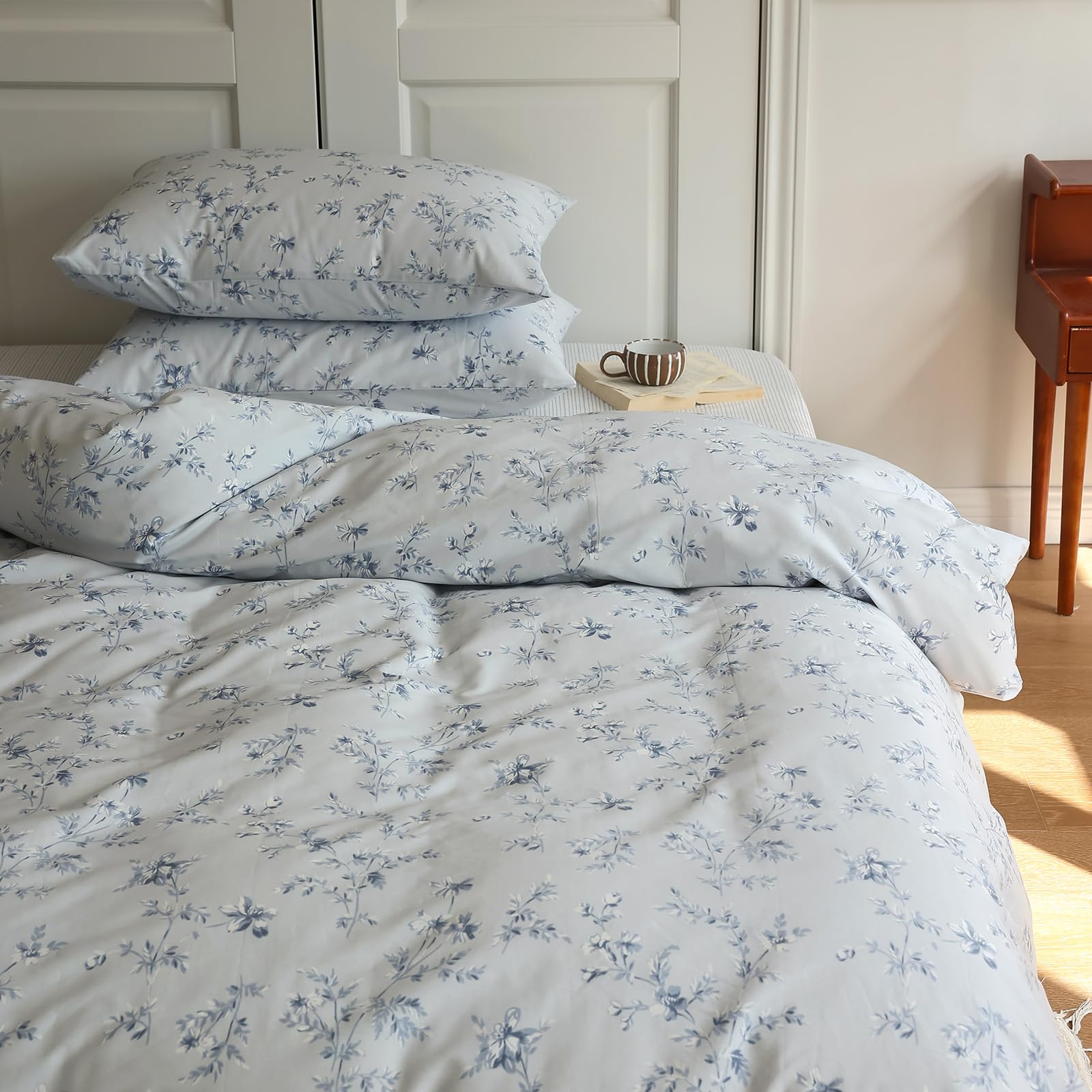 Vintage Style Garden Floral Duvet Cover Full 3 Pieces Cotton Flower Duvet Cover Blue Floral Bedding Cover with 2 Pillowcases Reversible Floral Botanical Comforter Cover Cottagecore Bedding Set Full — image 1