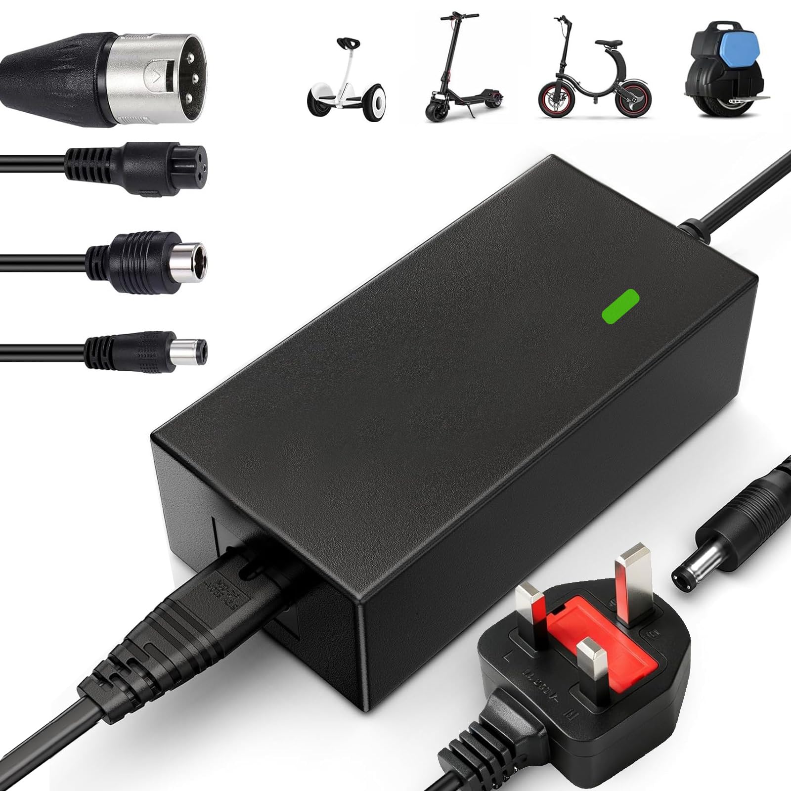 42V 2A Electric Scooter Charger, Hoverboard Charger UK 3 Pin, Mobility Scooter Charger, Electric Bike Charger with 4 Connections, e Scooter Charger for Balance Scooter, Hoverboard (Grey)