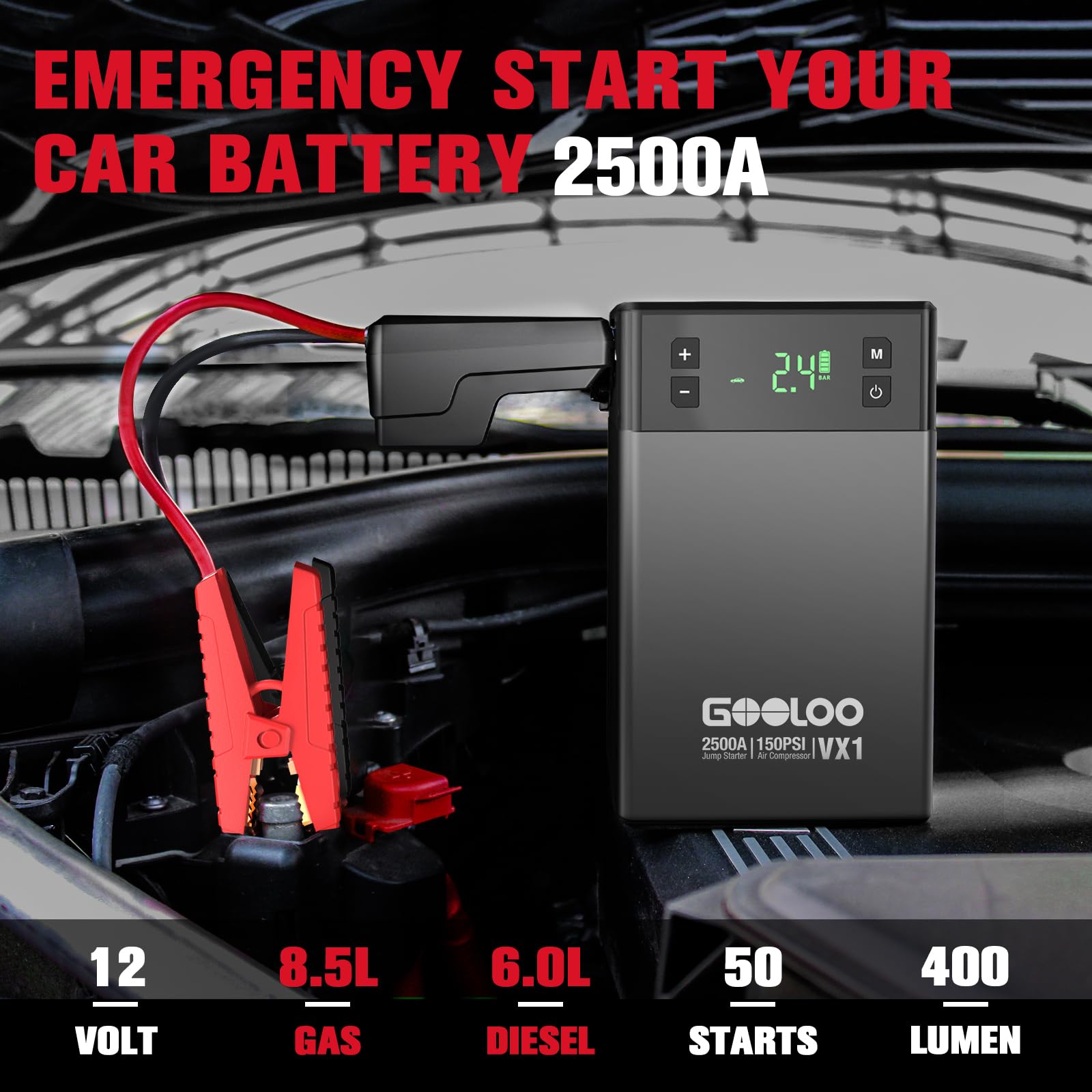 GOOLOO VX1 2500A Avviatore Emergenza per Auto con Compressore d'Aria, Supersafe 12V Booster Avviatore Batteria Auto con 150 PSI, Display LCD, Torcia LED, Adatto per Benzina da 8,5L e Diesel da 6,0L