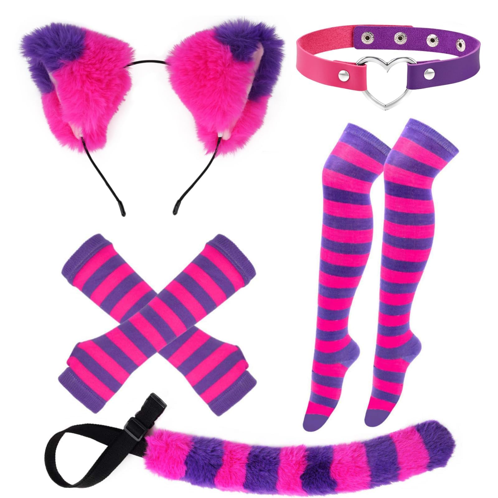 Kavoc Gestreiftes Katzenkostüm für Mädchen Damen, Katzenohren, pelziger Schwanz, gestreifte Socken für Halloween Cosplay Dress Up