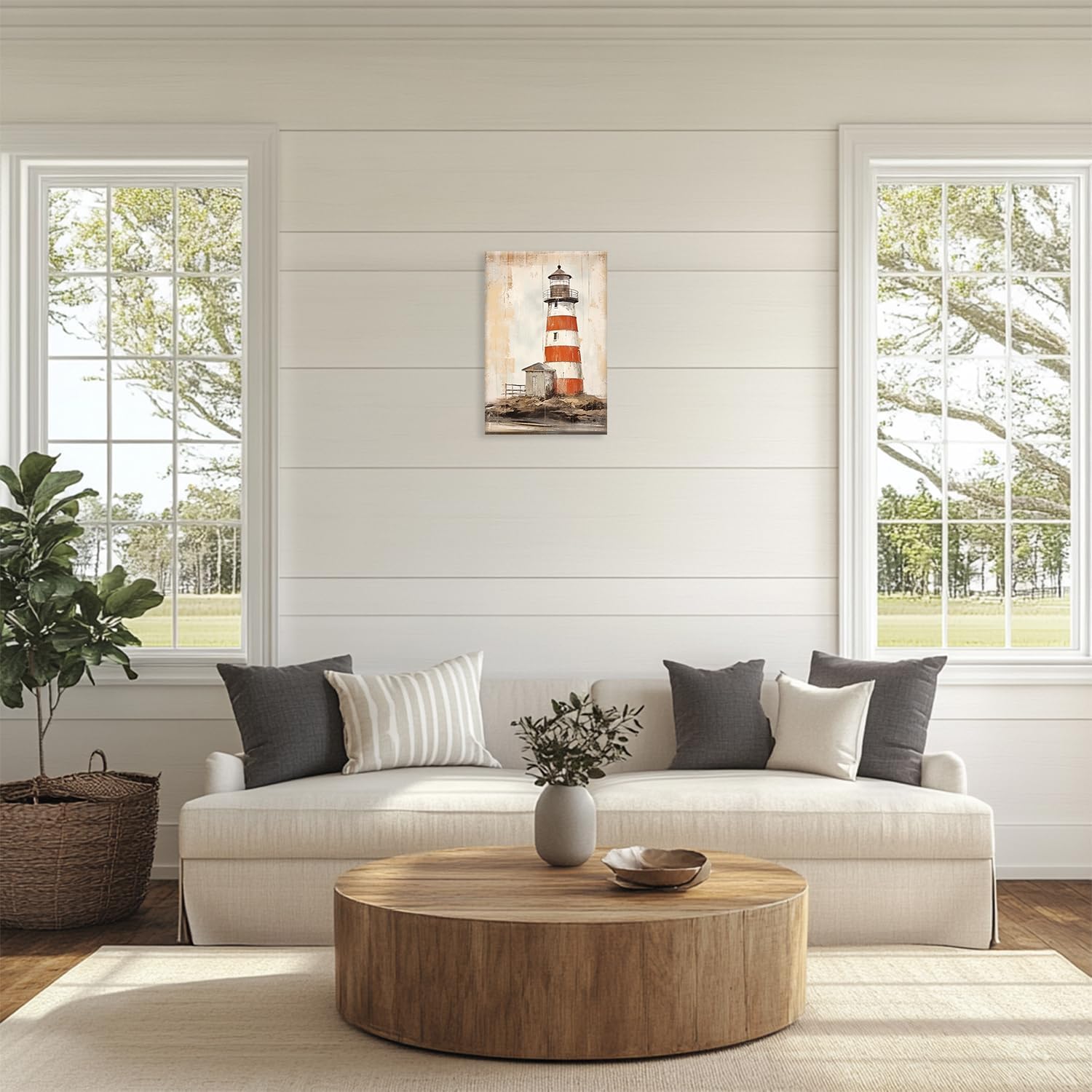 MODOJOART Farmhouse Lighthouse Canvas Wall Art, Red and White Old Lighthouse Painting Print Vintage Rustic Coastal Poster Picture for Bathroom Kitchen Decor(Artwork-02, 12"x18")