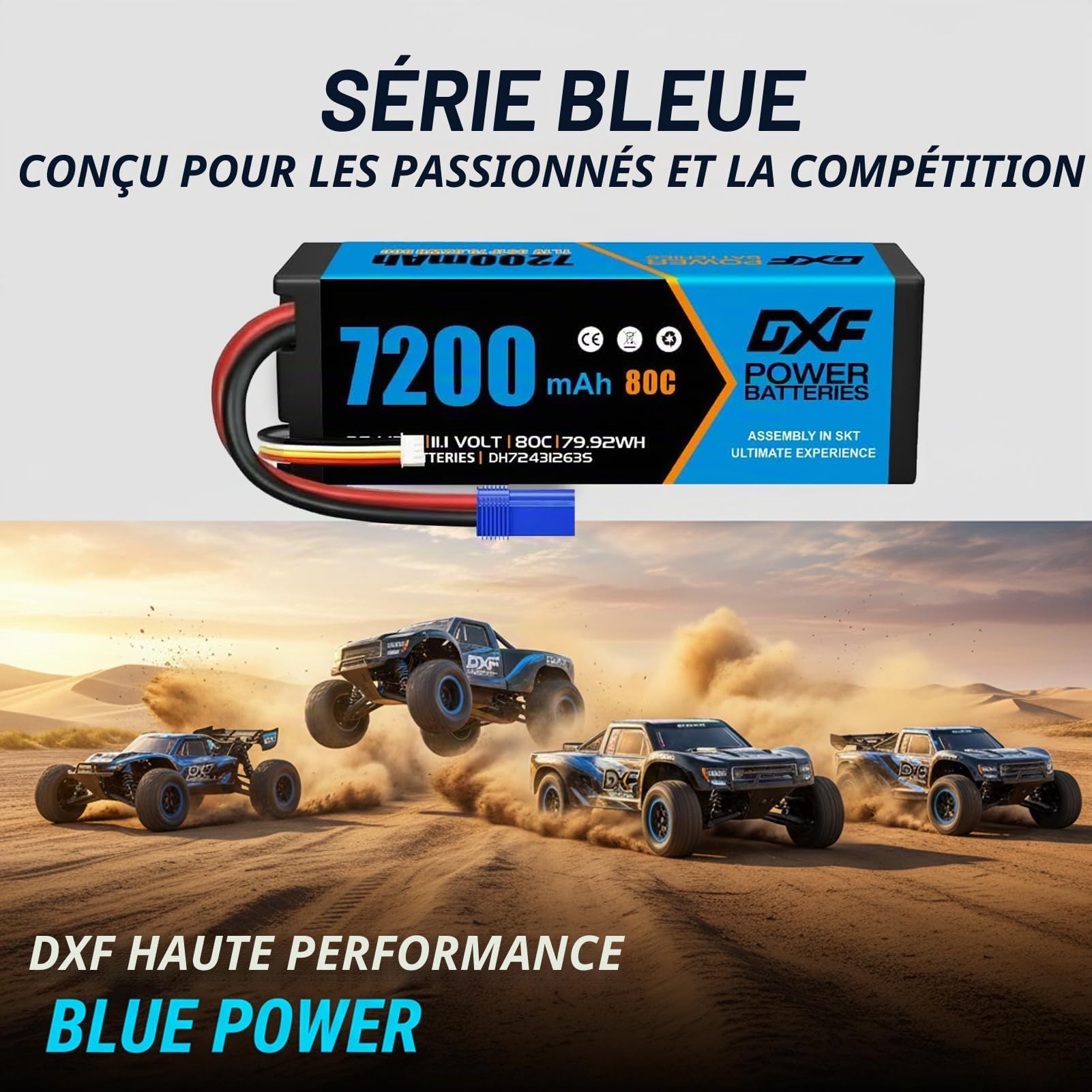 DXF Pack Duo Batterie LiPo 3S 11.1V 7200mAh 80C avec Prise EC5, Batteries Haute Performance pour Véhicules RC 1/8 1/10, Compatible Multi-Marques Voiture Avion Drone Hélicoptère, Protection Coque Dure