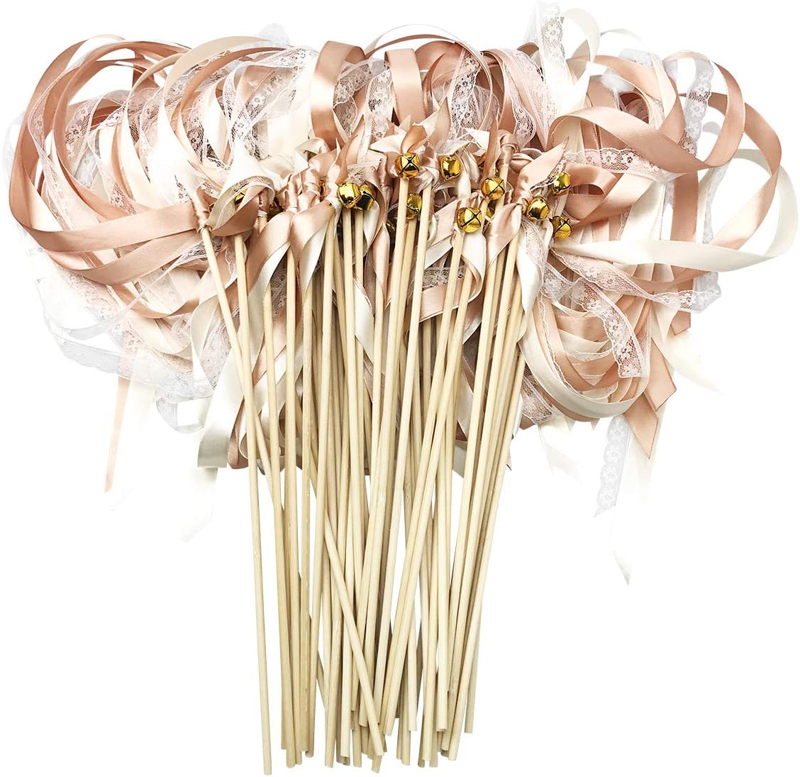 Cieovo 50 Pack Ribbon Fairy Wands Wedding Streamers with Bells, Silk Fairy Stick Wand Party Favors for Party Activities Baby Shower Holiday Celebration (Champagne lace)