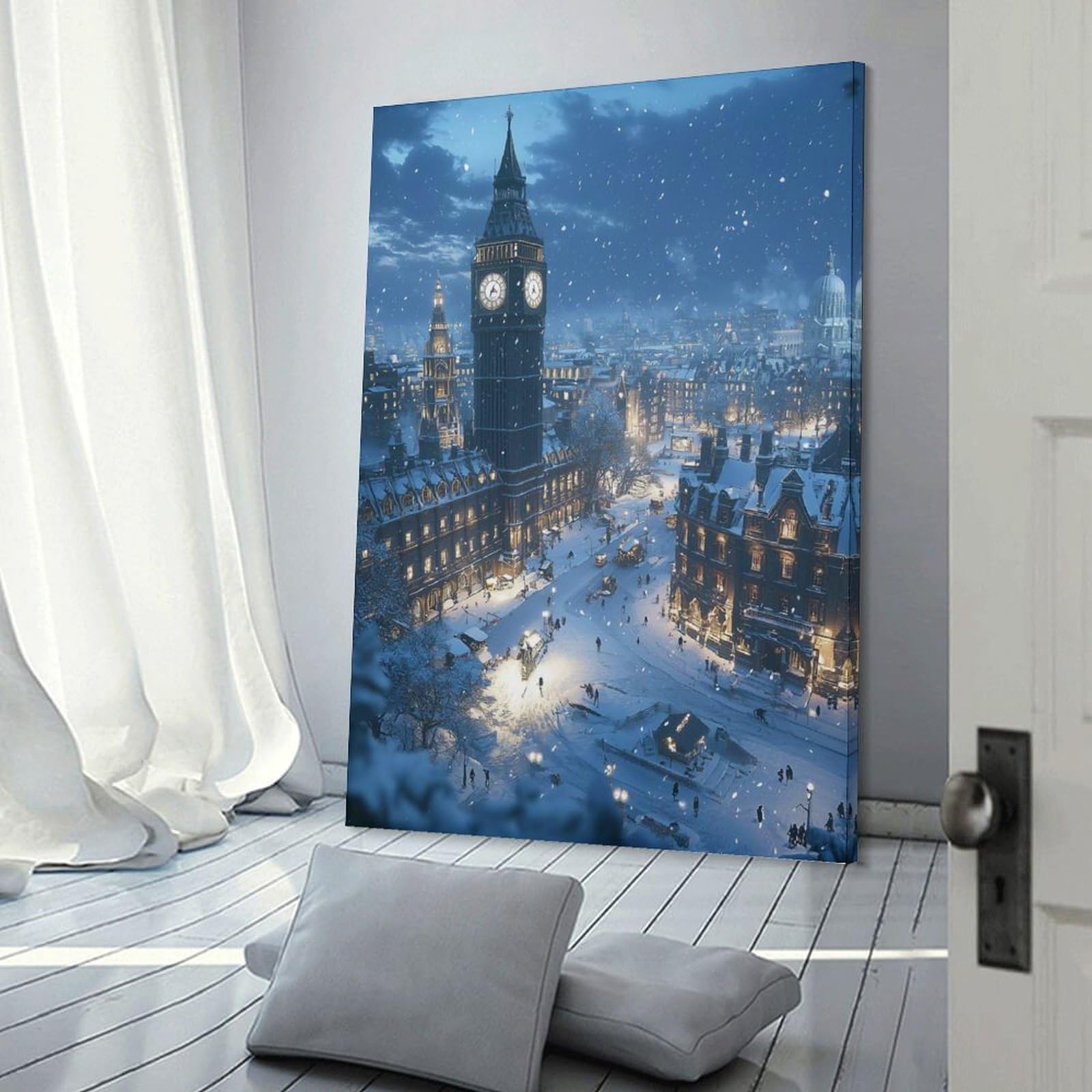 Junmoney Canvas Art Print Snowy London Night, 20x30inch(50x75cm), for New Homes, Bedrooms Or Workspaces, Thoughtful Wall Decor for Art Lovers