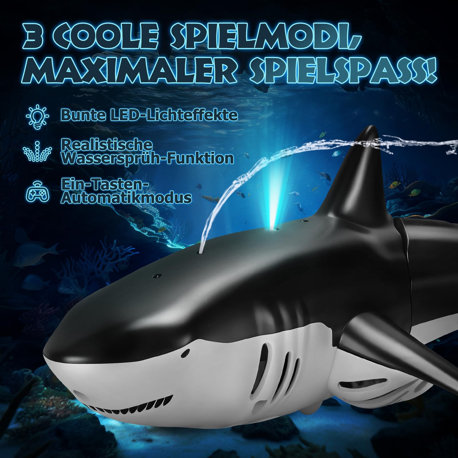 YOOHBERRYS Ferngesteuerter Hai, 2.4GHz Hai Spielzeug, Ferngesteuertes Hai-Boot mit Licht- und Wassersprühfunktion, Pool Spielzeug Geschenk für 6+ Jahre Junge Mädchen (Grau)