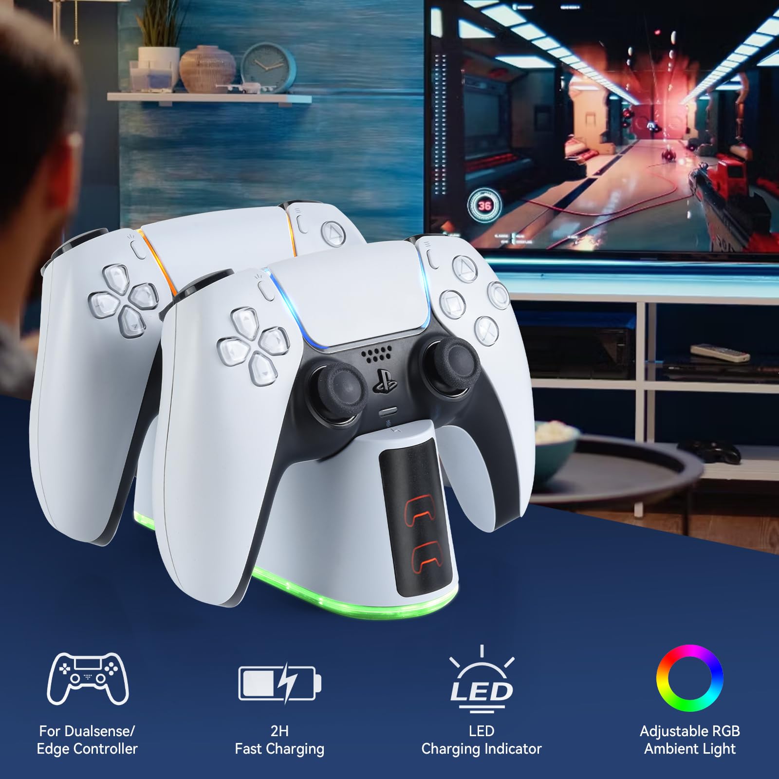 ELUTENG Stacja ładująca do kontrolera PS5 DualSense i Edge, RGB, akcesoria ze wskaźnikiem LED, ładowarka do kontrolera PlayStation 5 z 2-godzinnym czasem ładowania