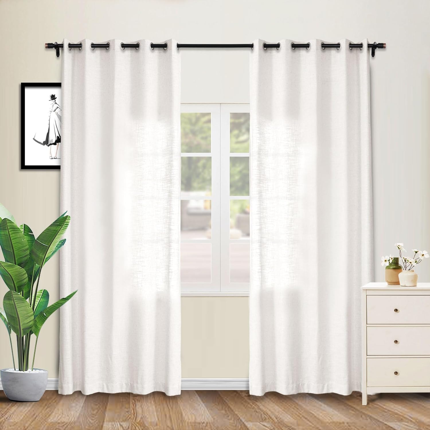 cololeaf Natural Linen Curtains 84 inches Long White Room Darkening Curtains for Bedroom Living Room Farmhouse Sliding Door Room Divider Neutral Home Decor Grommet Beige White 100”Wx84”L 1 Panel