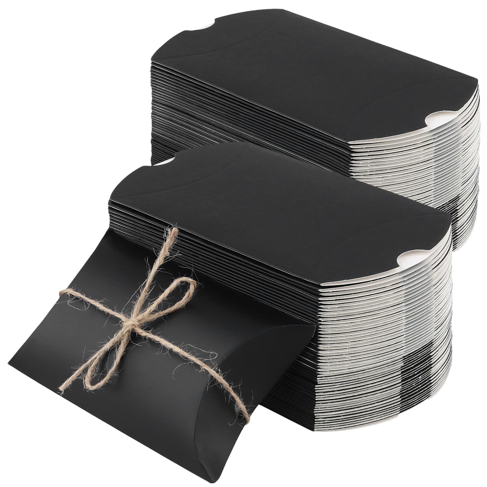 KEILEOHO 150 sztuk pudełek na poduszki, papier typu kraft, czarne, ze sznurkiem jutowym, 13 x 8,8 x 3,5 cm, małe poduszki, pudełka prezentowe na wesele, urodziny, festiwal, imprezę