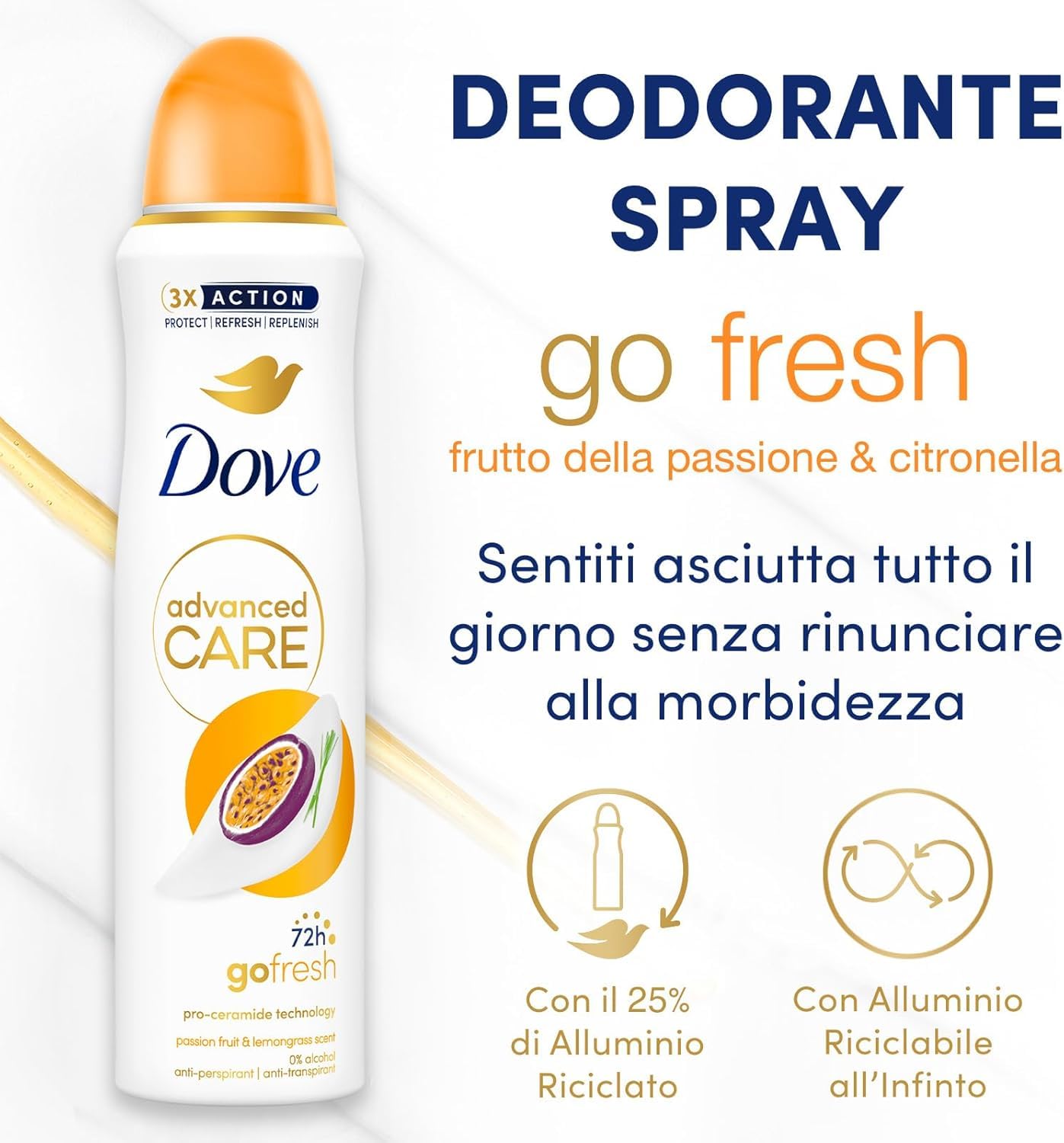 Dove Déodorant Spray Advanced Care Go Fresh Passion Fruit, avec formule hydratante et délicate sur la peau, sans alcool, peau sèche jusqu'à 72 heures, déodorant homme et femme, 6 pièces de 200 ml