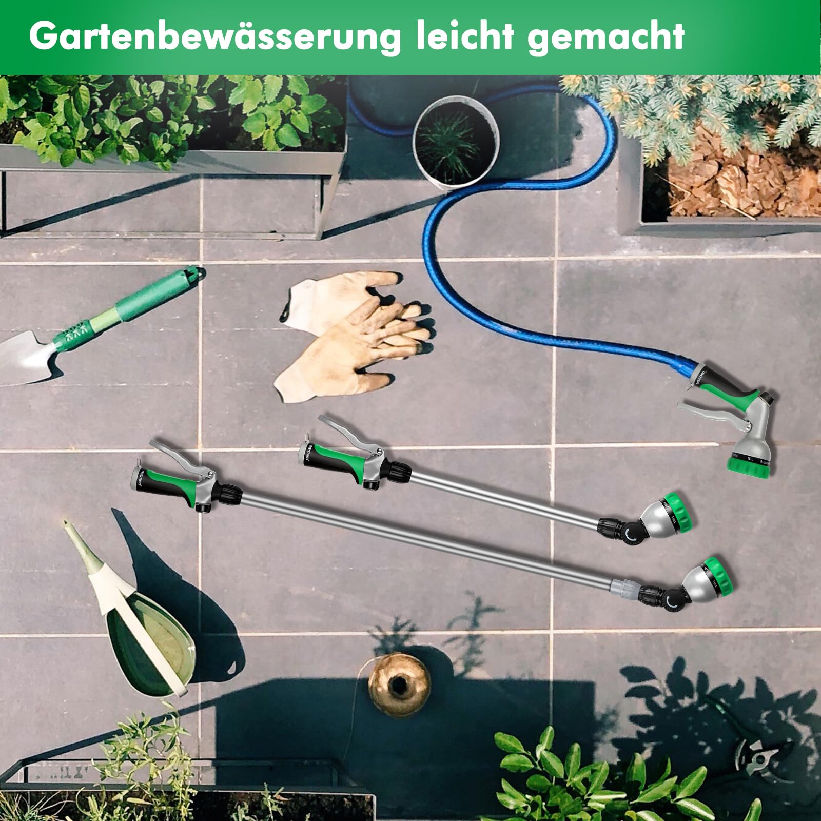 RESTMO Langer Teleskop Gießstab 92-152 cm, Lang Gartenbrause Metall mit 180° schwenkbaren Kopf, 7 Sprühmustern, Durchflusskontrolle, Bewässerung Zauberstab zum Blumenampeln und Sträucher, Grün