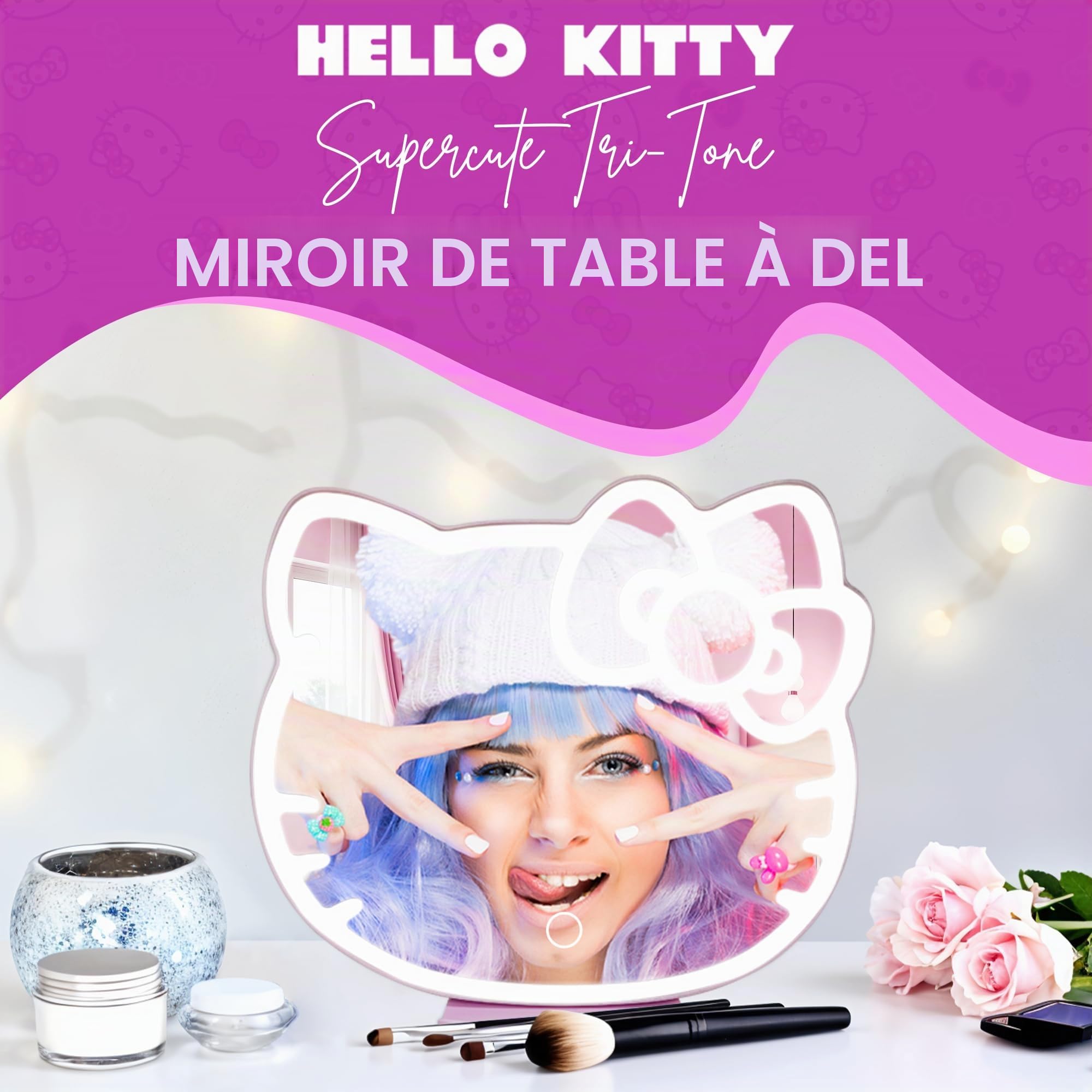 Impressions Vanity Supercute Hello Kitty Miroir de Bureau avec lumières et capteur Doux au Toucher, Miroir de Maquillage réglable à Trois Tons avec Plateau Extensible caché et Support de téléphone