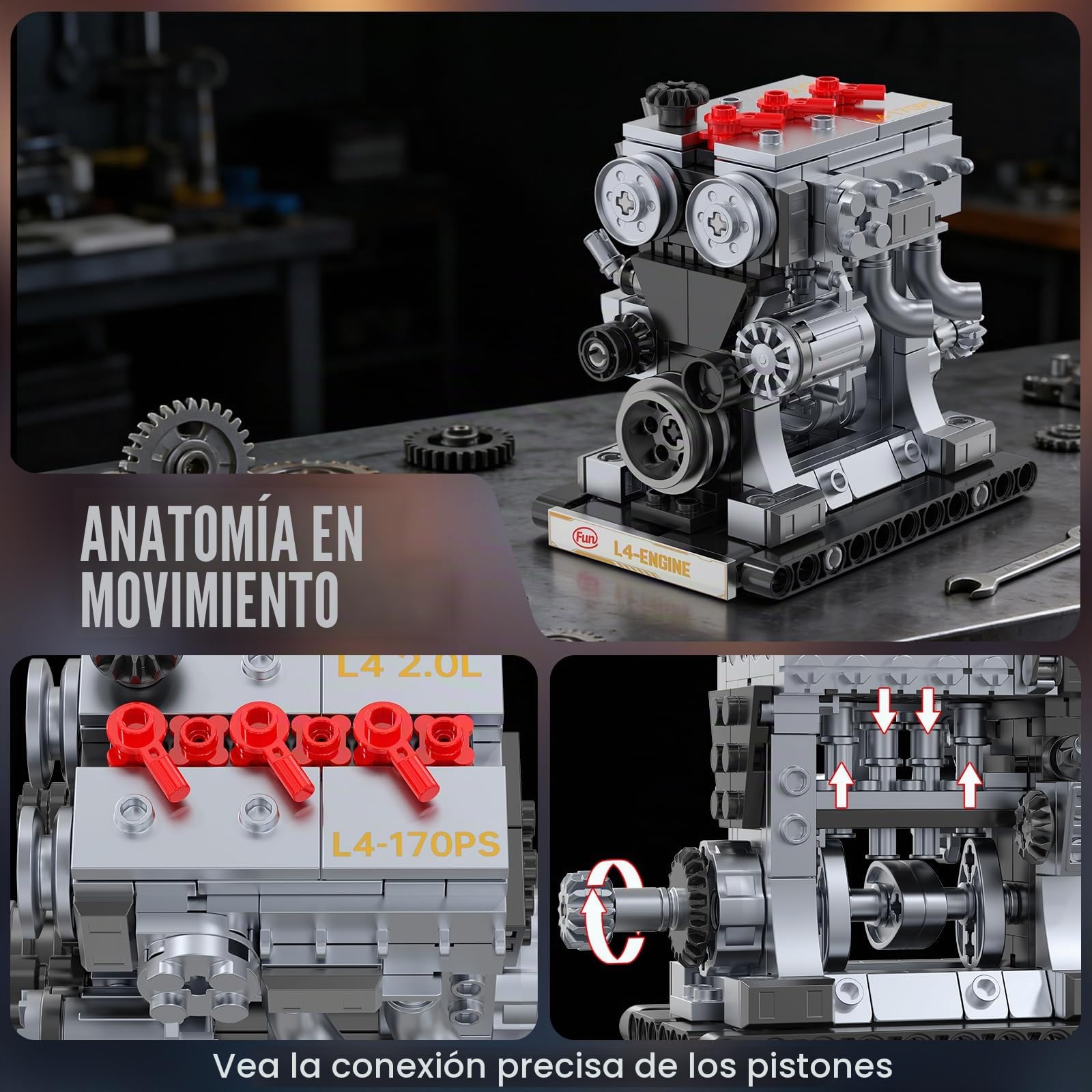JMBricklayer V6 L4 B4 Kits de modelo de motor que funciona, bloques de construcción mecánicos de motor de coche STEM 3-en-1 para adultos y adolescentes, juguete de motor de bricolaje, para exhibición