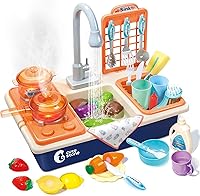 CUTE STONE Kids Pretend Play Kitchen Sink & Stove Set with Spray Faucet, Lights, Sounds, Cutting Food & Utensils for Toddlers