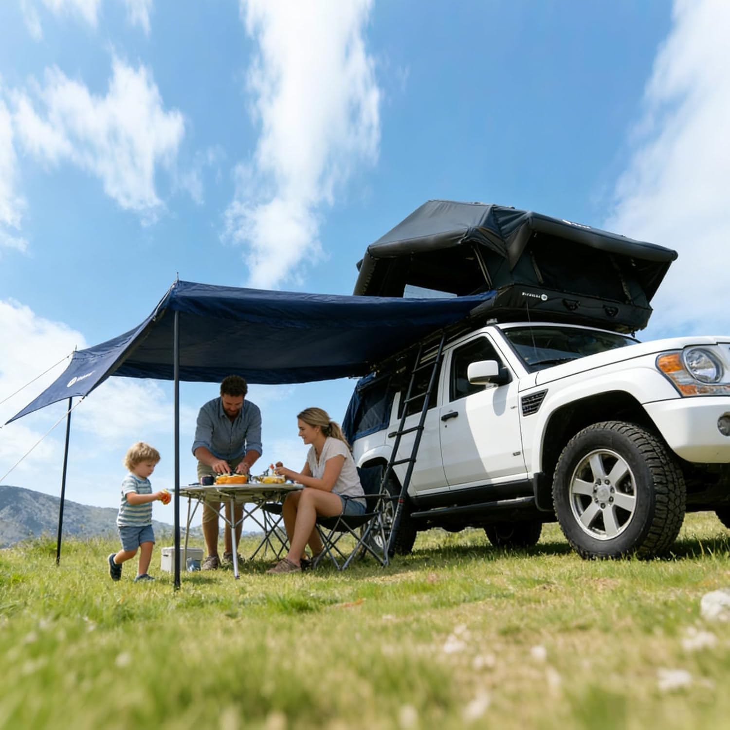 TentHome Tente de Toit pour Voiture 2-3 Places Imperméable, Tente de Camping Faciles à Installer, Tente Gonflable en Coton et Polyester pour SUV Van Fourgon Camion (avec Auvent)