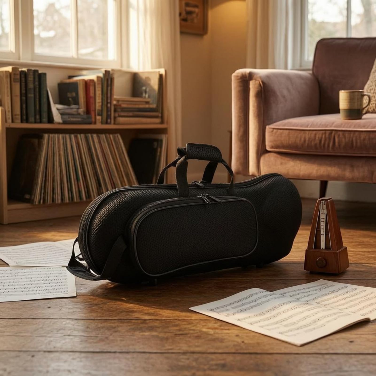 Custodia per Tromba con Design in Ottone Corpo Sagomato Scomparto Accessori Frontale Manico Ergonomico Tracolla, Oxford Nero, Array, Nero Oxford