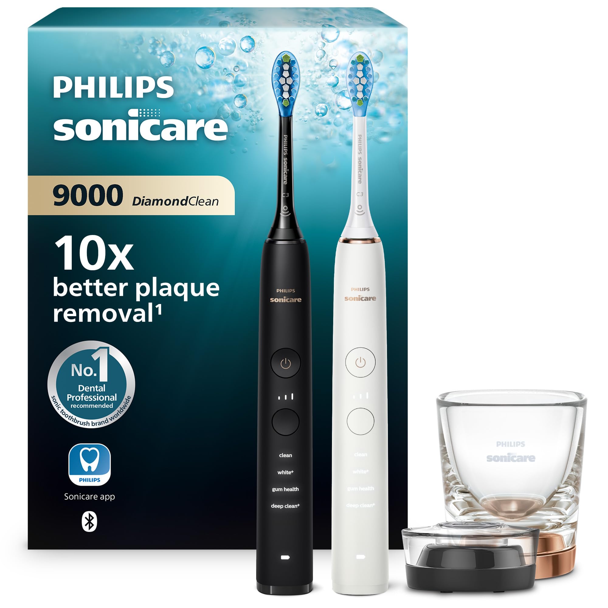 Sonicare DiamondClean 9000 Electric Toothbrush, Sonic Toothbrush with App, Pressure Sensor, 4 Brushing Modes, 3 Intensity Levels, Charging Glass, Black & Rosegold, Dual Pack, Model HX9914/57
