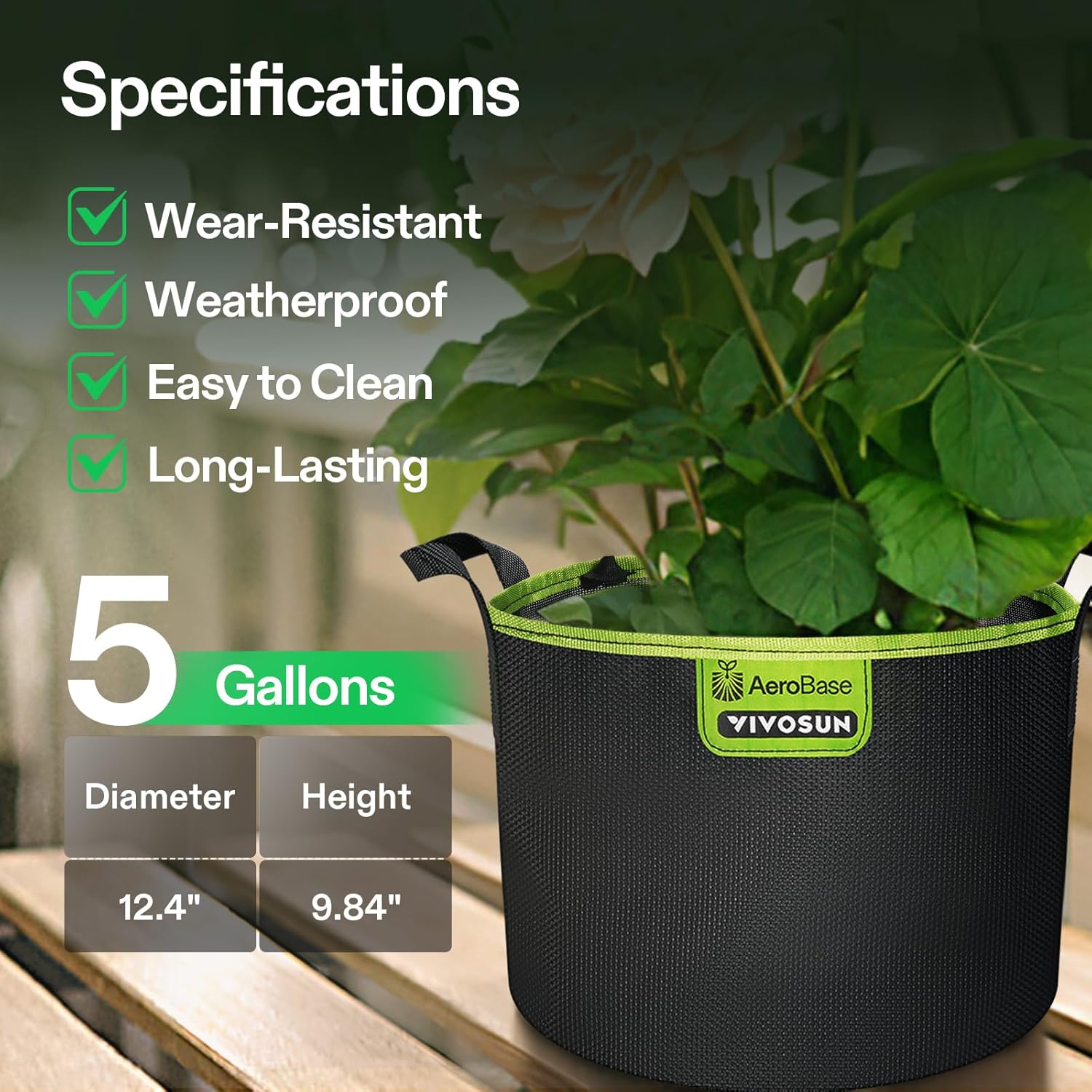 VIVOSUN 3-Pack 5-Gallon AeroBase Grow Bags, Durable Mesh Fabric Plant Container with Breathable Base and Sturdy Handles, Black