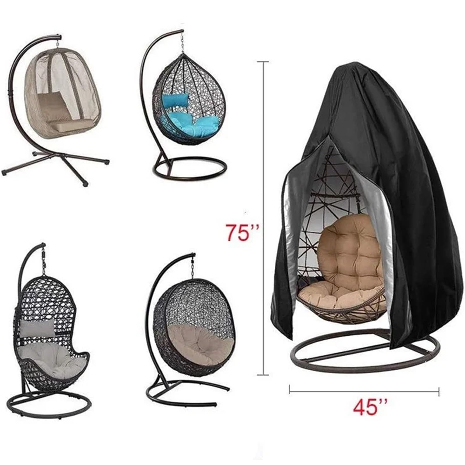 Copri-poltrona a uovo da giardino, Fodera for poltrona Egg Grigio Nero 190x115 cm Altalena da esterno con cerniera antivento sospesa