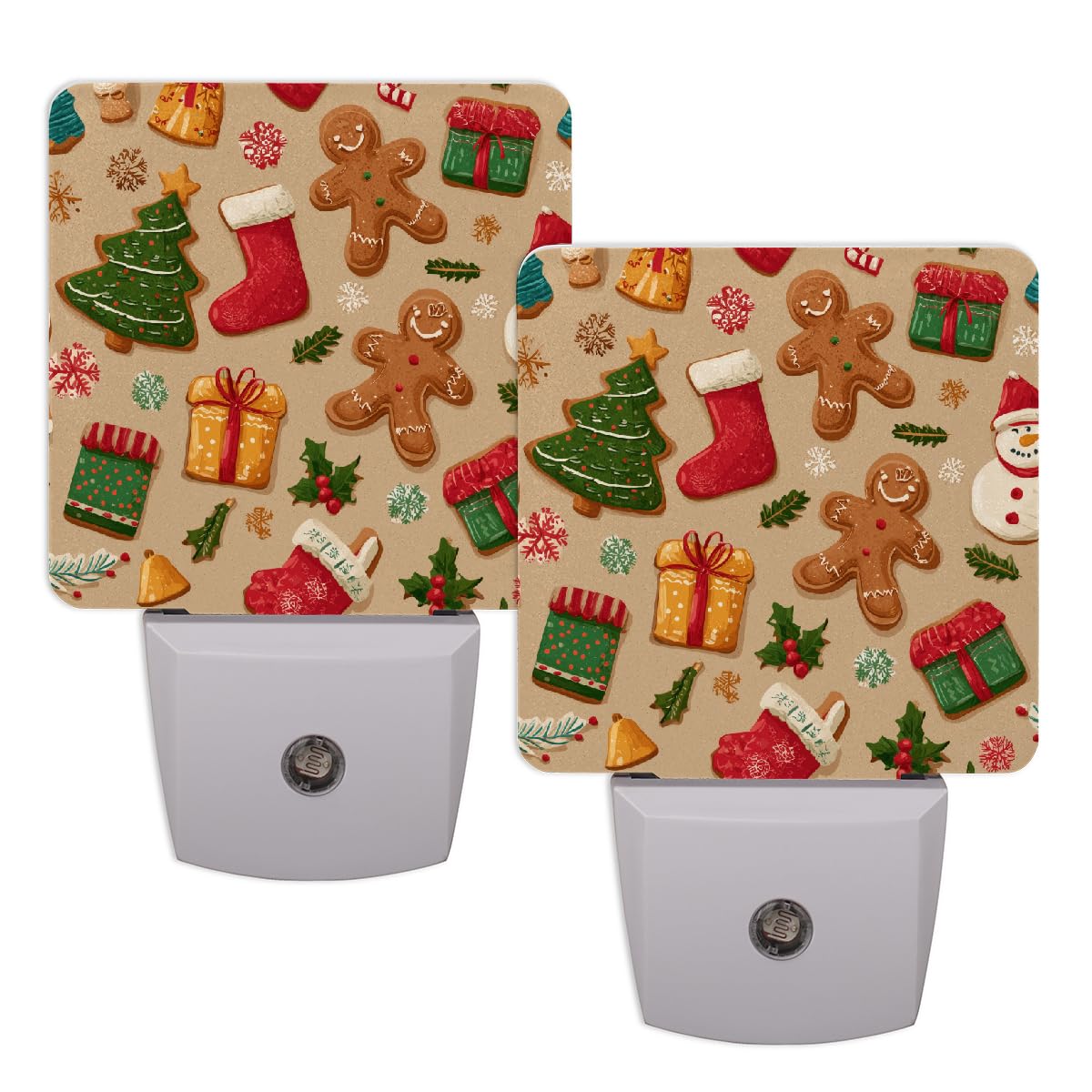 Plug-in LED Night Light Smart Dusk to Dawn Sensor, Christmas Gingerbread Man Socks Gifts Xmas Tree Nightlight for Kids Room, Bathroom, Hallway, Bedroom Decor