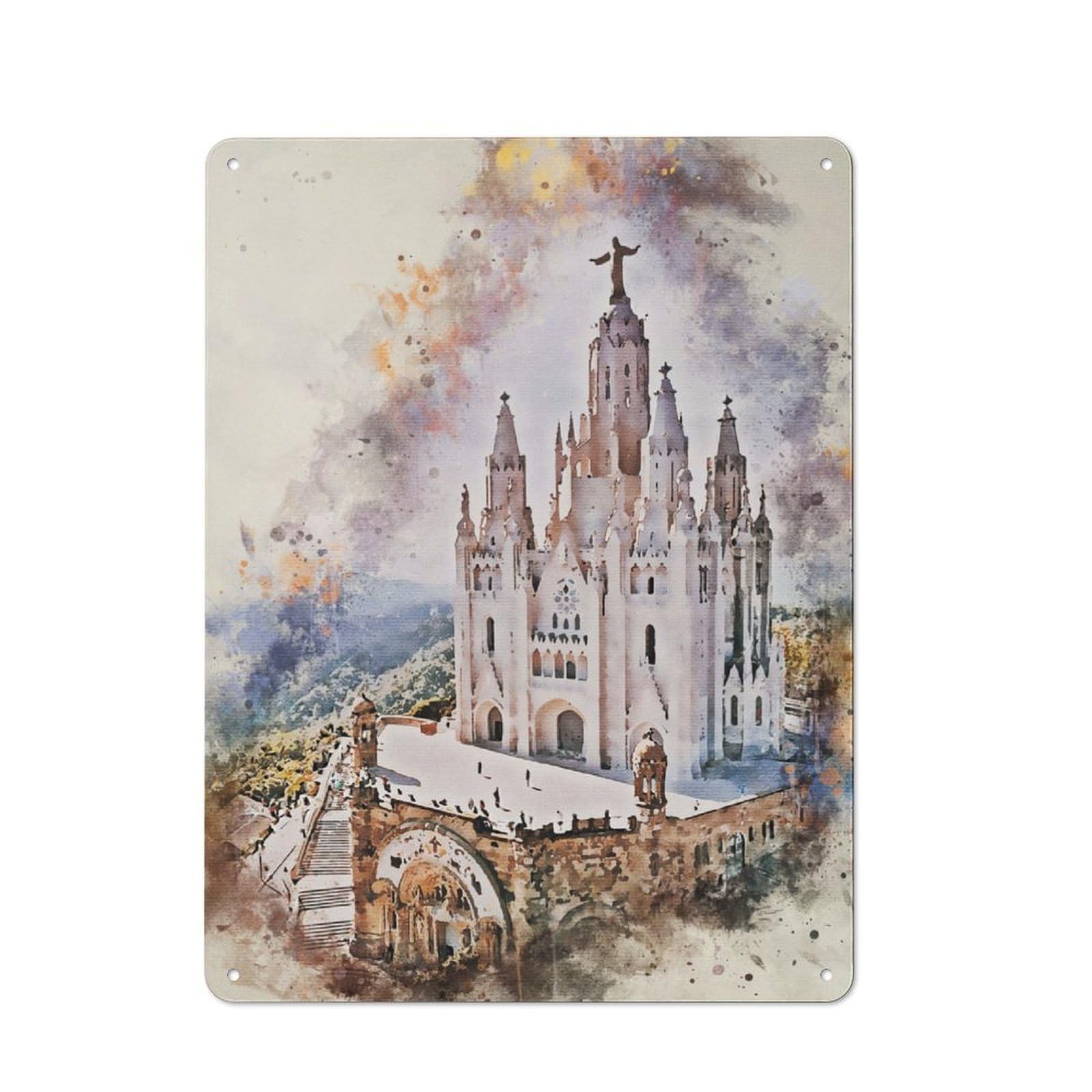 Junmoney Barcelona Spain Watercolor Tin Wall Plaque 40X30cm With For Studio Or Craft Room, For Cooler-Season Styling In Studio And Craft Room