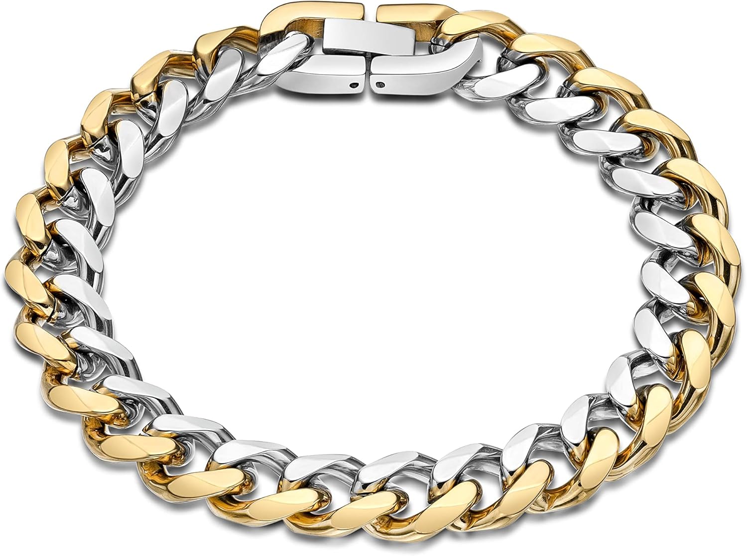 Metro Jewelry Stainless Steel Curb Chain Bracelet for Men with Yellow Gold Ion Plating - 9 Inches Long 11 mm Wide with Fold Over Clasp