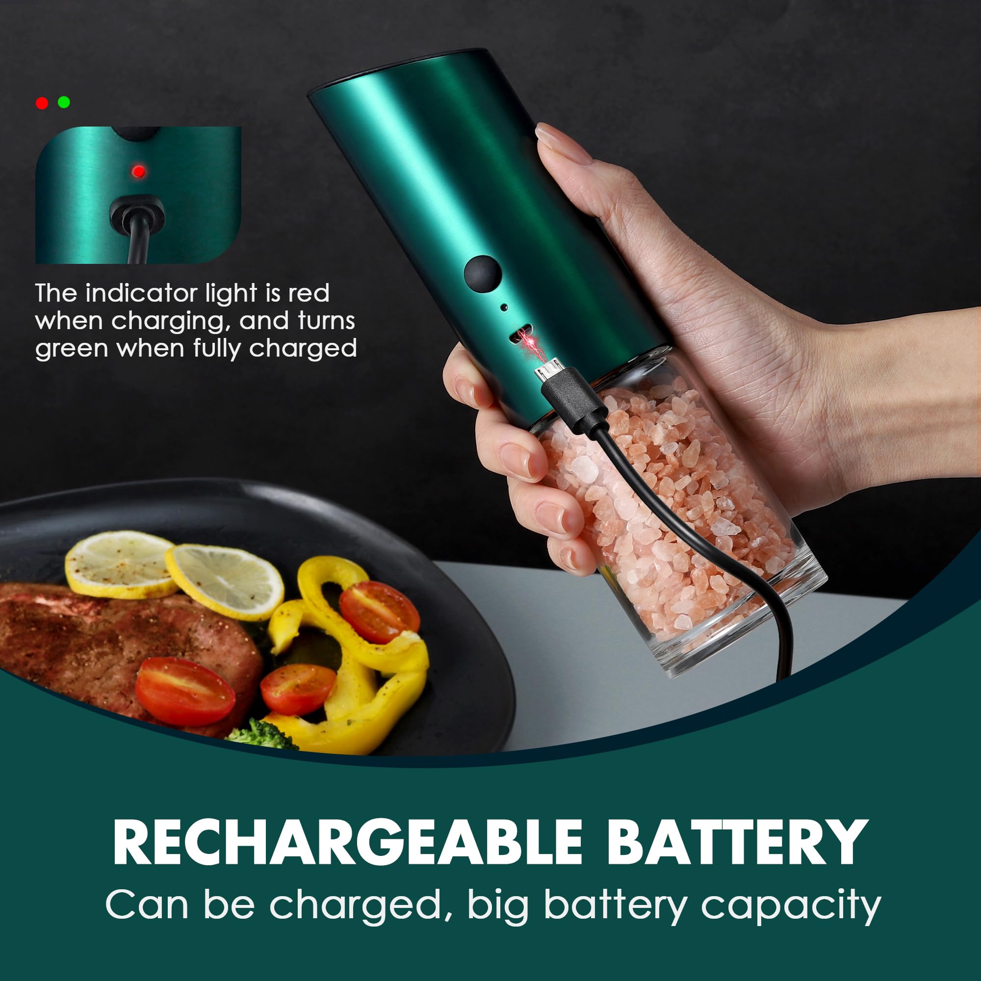 Macinasale E Pepe Elettrico Ricaricabile USB - 2 Pezzi, Regolazione Macinatura, Con Luce, Colore Argento - Foto 4