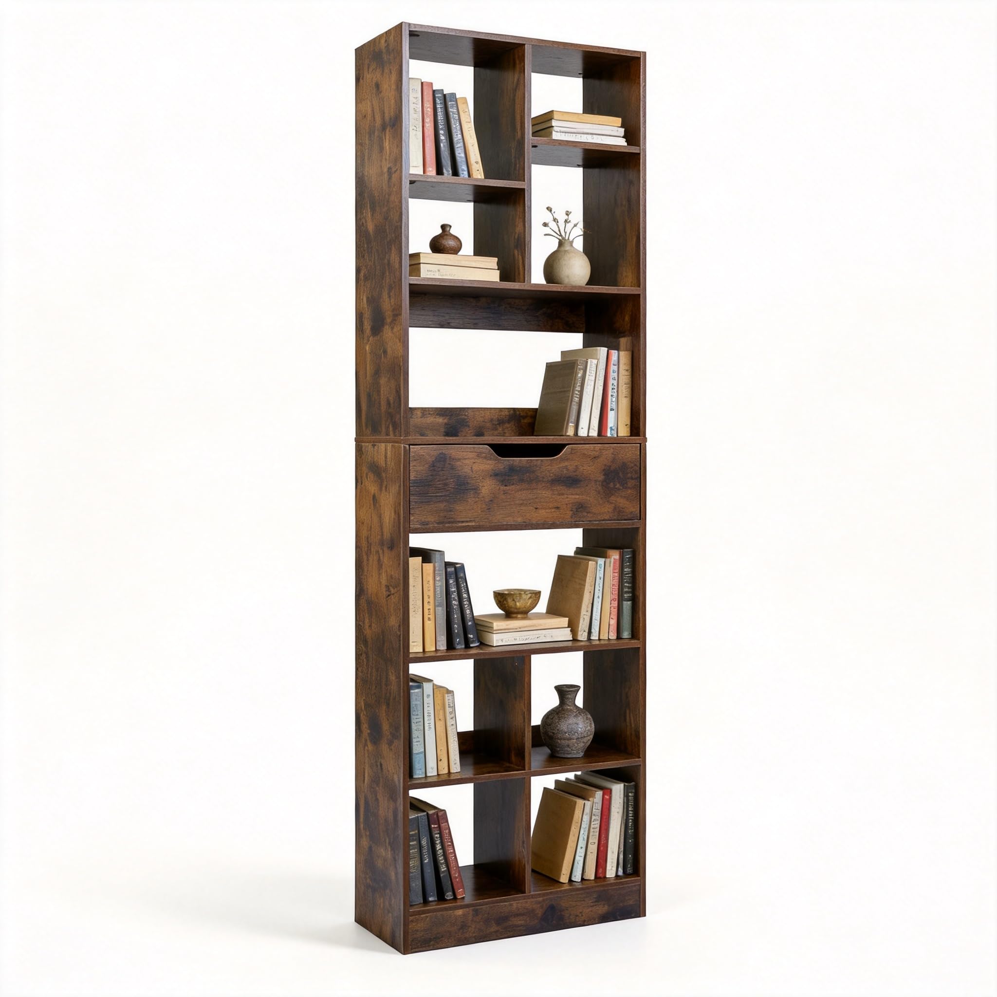 GIANTEX Bibliotheque Style Industriel Design, Etagere Bibliotheque à 10 Compartiments Ouverts et 1 Tiroir, Meuble de Rangement Géométrique pour Chambre Salon Bureau, 50 x 24 x 180 cm