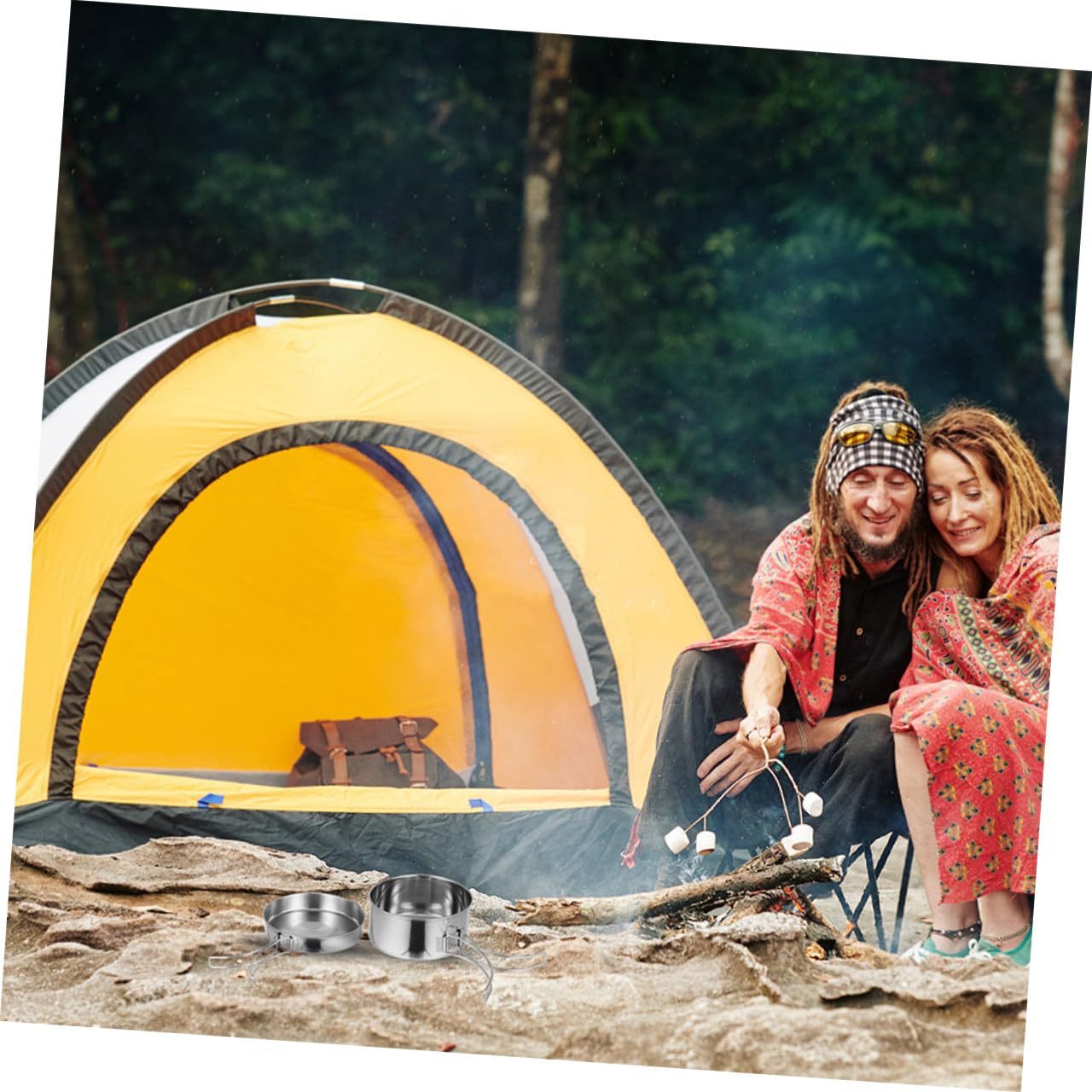 Veemoon Ensemble 8 Pièces Casseroles Camping INOX Pliables pour 5-6 Personnes, Kit Ustensiles de Cuisson Barbecue Randonnée, Matériel la Cuisine Extérieur Robuste et Facile à Nettoyer