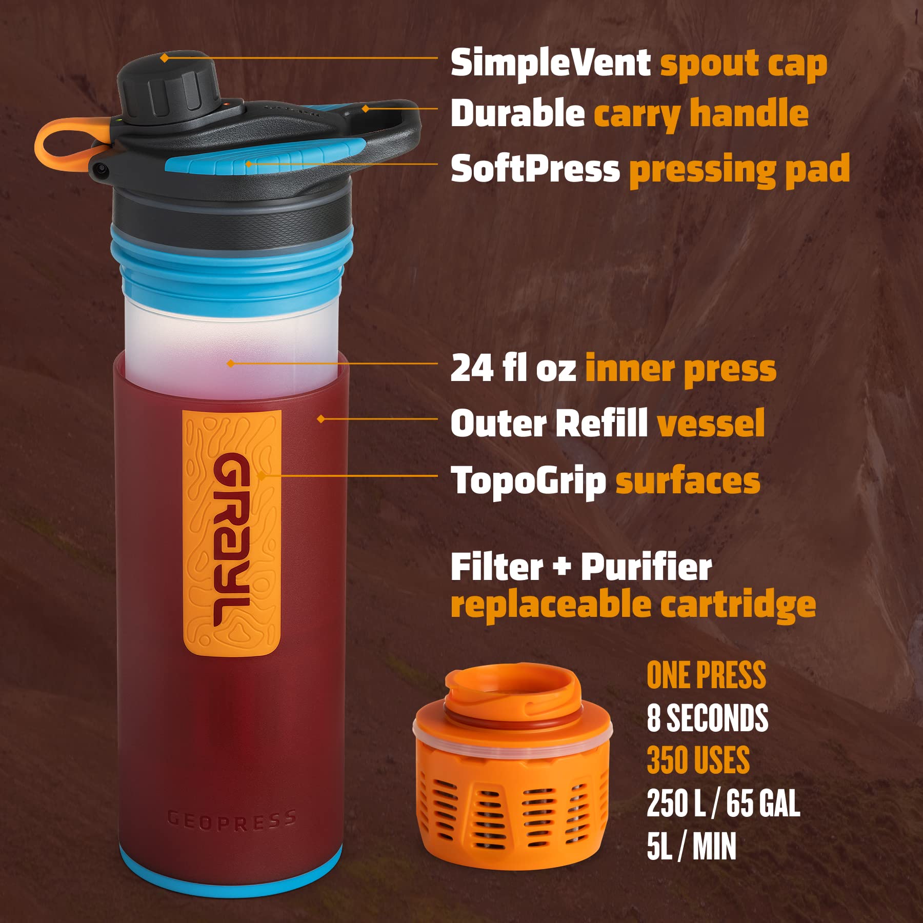 GRAYL GeoPress - Purificador de agua para viajes en todo el mundo, senderismo, camping y supervivencia, 680 ml, color rojo | Purifica el agua en 8 segundos para senderismo, mochileros, camping, supervivencia y viajes, elimina virus y bacterias