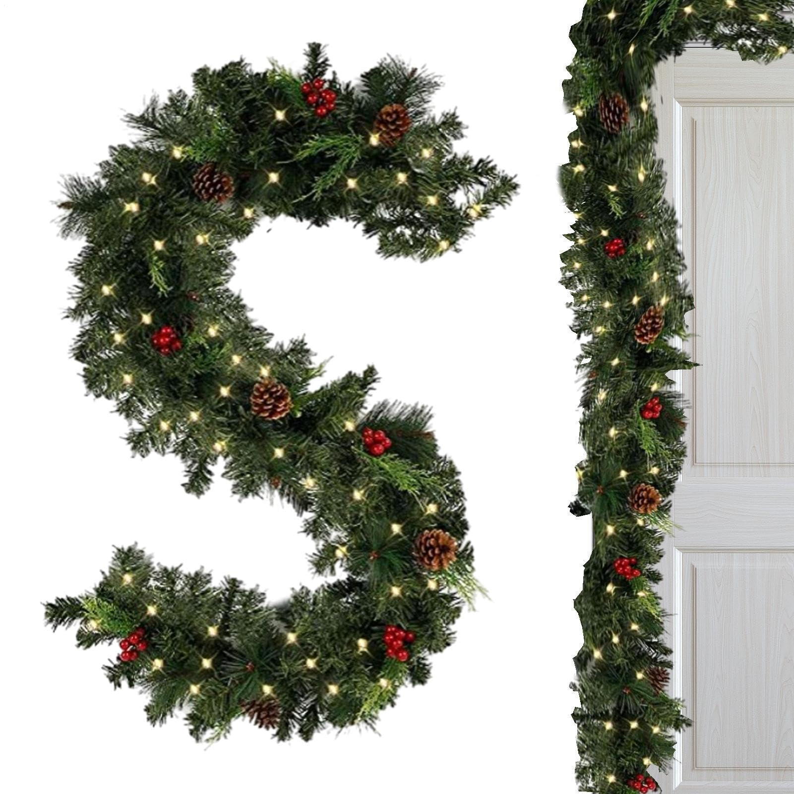 Guirlande de Noël pour cheminée et escaliers avec 2 modes d'éclairage chaleureux