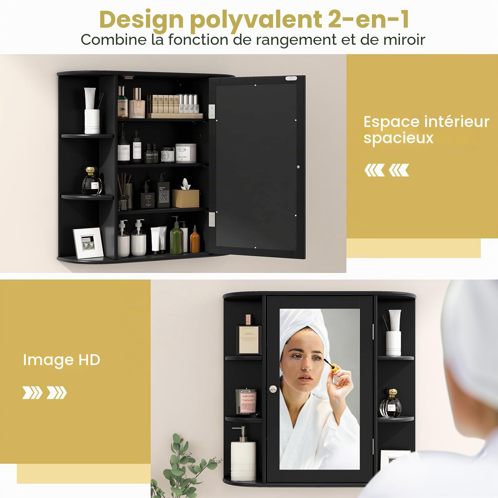 GIANTEX Armoire Murale Salle de Bain avec Miroir, Meuble WC Suspendu avec Portes-Miroir et Étages Réglables, Étagère de Rangement en 6 Niveaux,17 x 65 x 64 cm, Noir